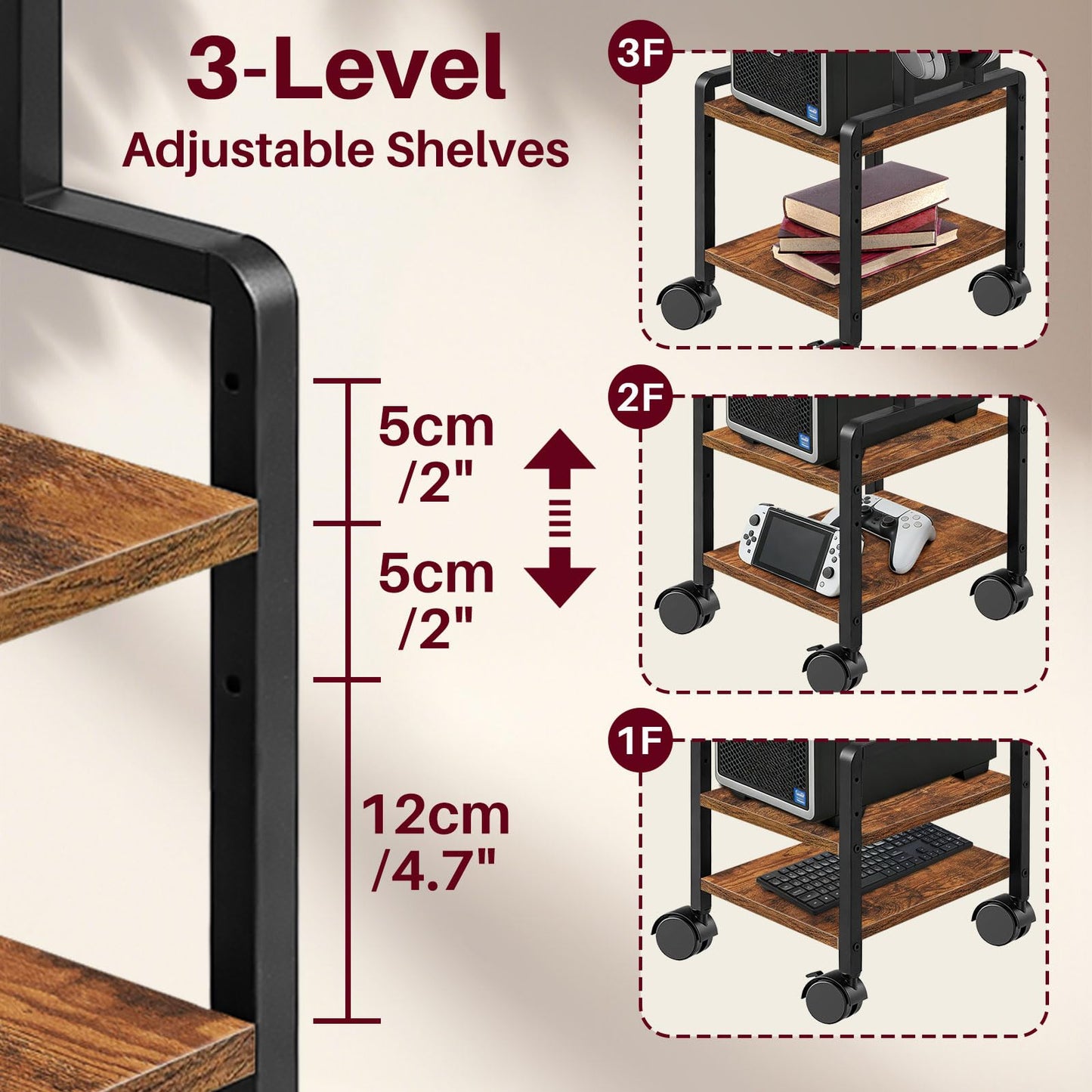 ZIIWIND Adjustable 2-Tier PC Stand, Computer Tower Stand with 360° Locking Wheels & Hooks, CPU Cart for Floor, Carpet and Under Desk, 15.2" x 11.8" x 26", Rustic Brown