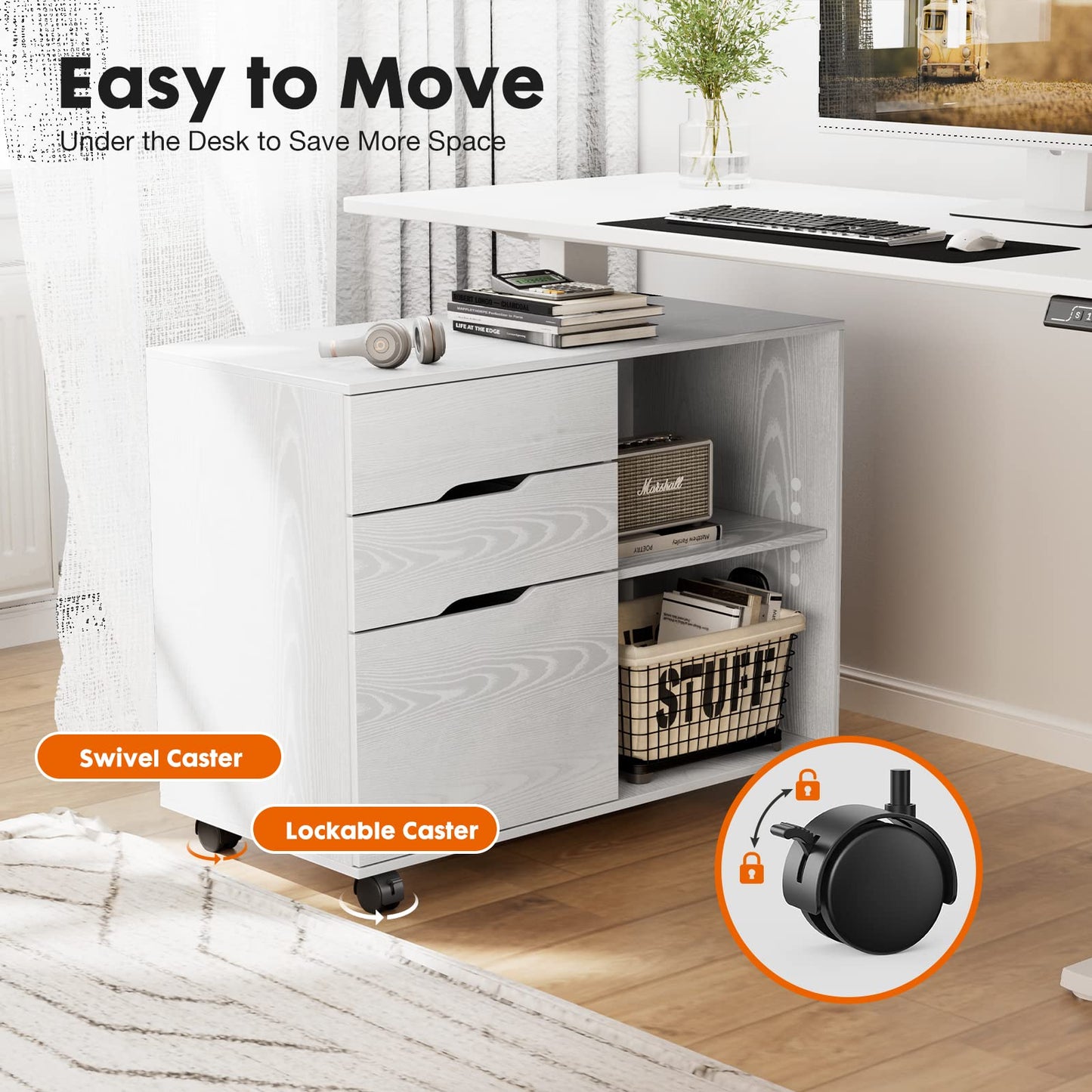 UOCFYK File Cabinet with 3 Drawers, Mobile Lateral Filing Cabinet with Open Storage Shelves for Home Office Under Desk Storage, White