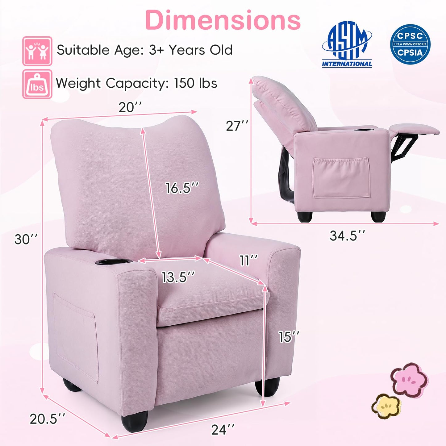 Costzon Kids Recliner Chair with Cup Holder, Toddler Adjustable Lounge Chair w/Footrest for Boys Girls Room, Ergonomic Baby Child Furniture Sofa for Age 3+ Gifts, Kids Mini Recliner up to 150 lbs