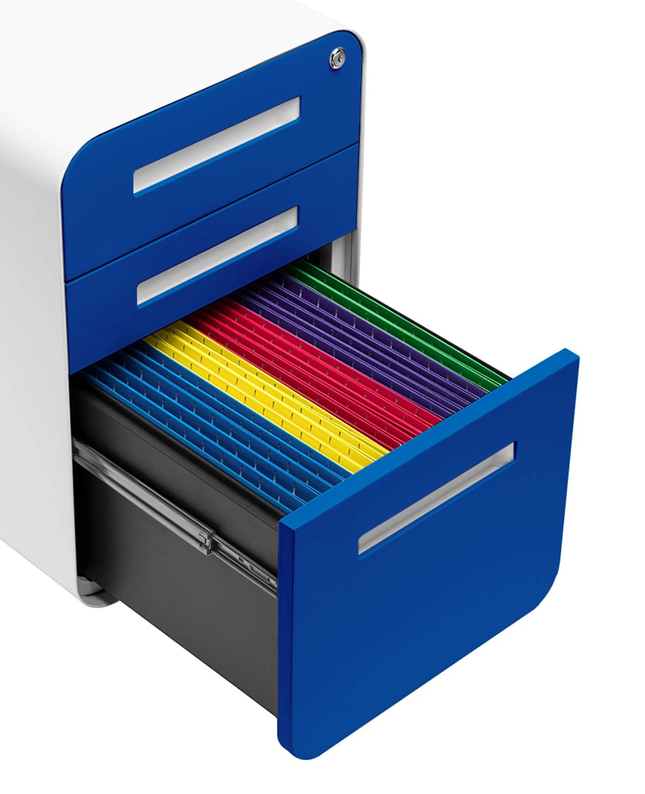Laura Davidson Furniture Stockpile 3 Drawer File Cabinet with Lock - Under Office Desk Metal Filing Cabinet, Legal/Letter File Folders, Wheels and Stationary Feet, Pre-Assembled, Blue Faceplate