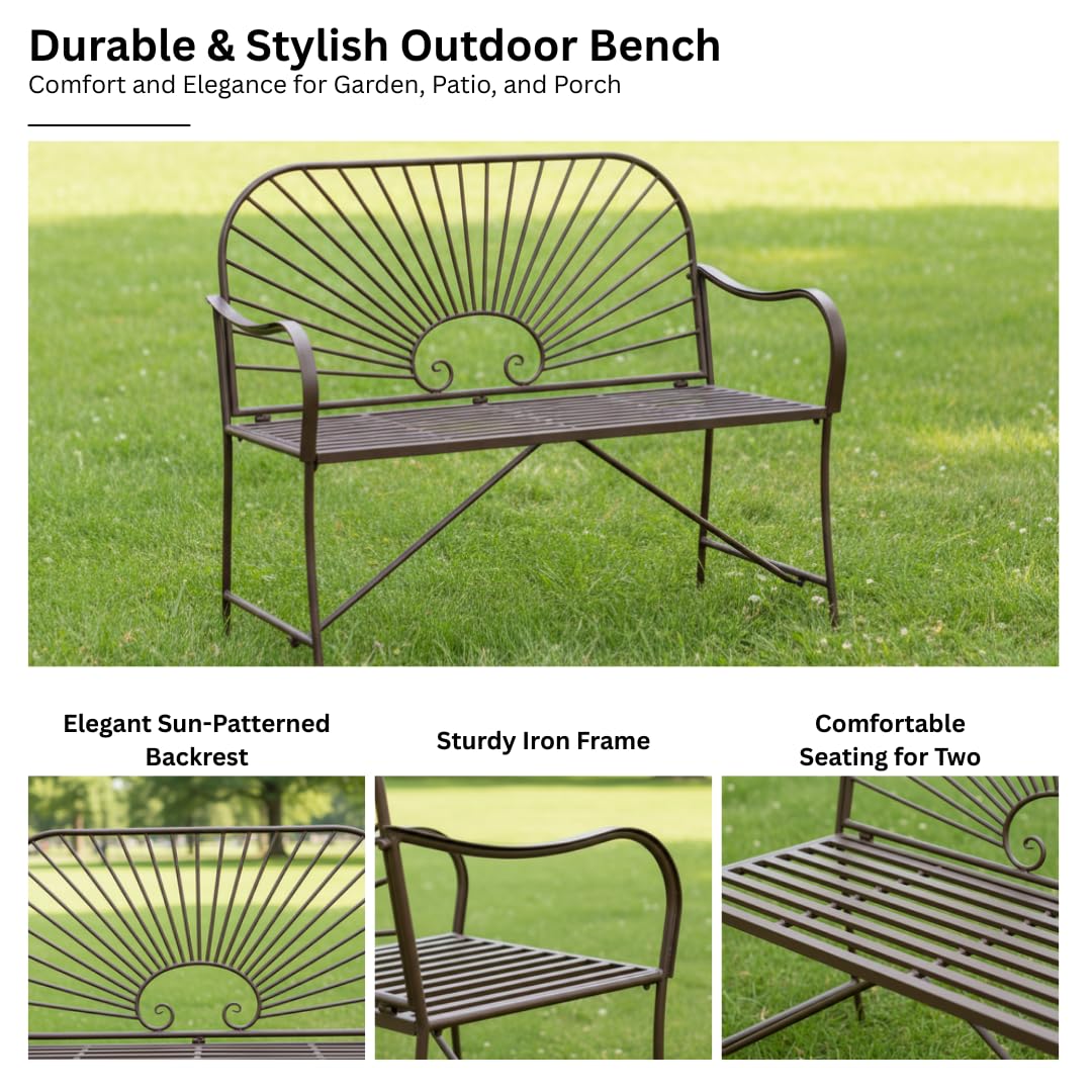 XBrand 44" L Iron Sun-Patterned Seat for Two, Patio & Porch Furniture for Park, Yard, Lawn, Balcony, Backyard – Brown