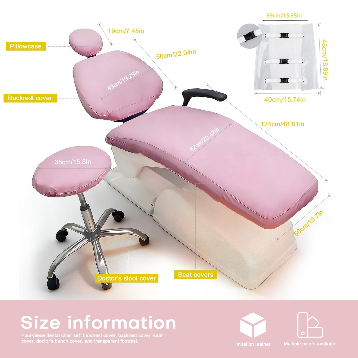 buyzg 5Pcs Dental Chair Covers Set - Waterproof & Non-Slip PU Leather Elastic Full Covers with Foot, Seat, Headrest & Backrest Protectors for Dental Clinic Chairs(Pink)