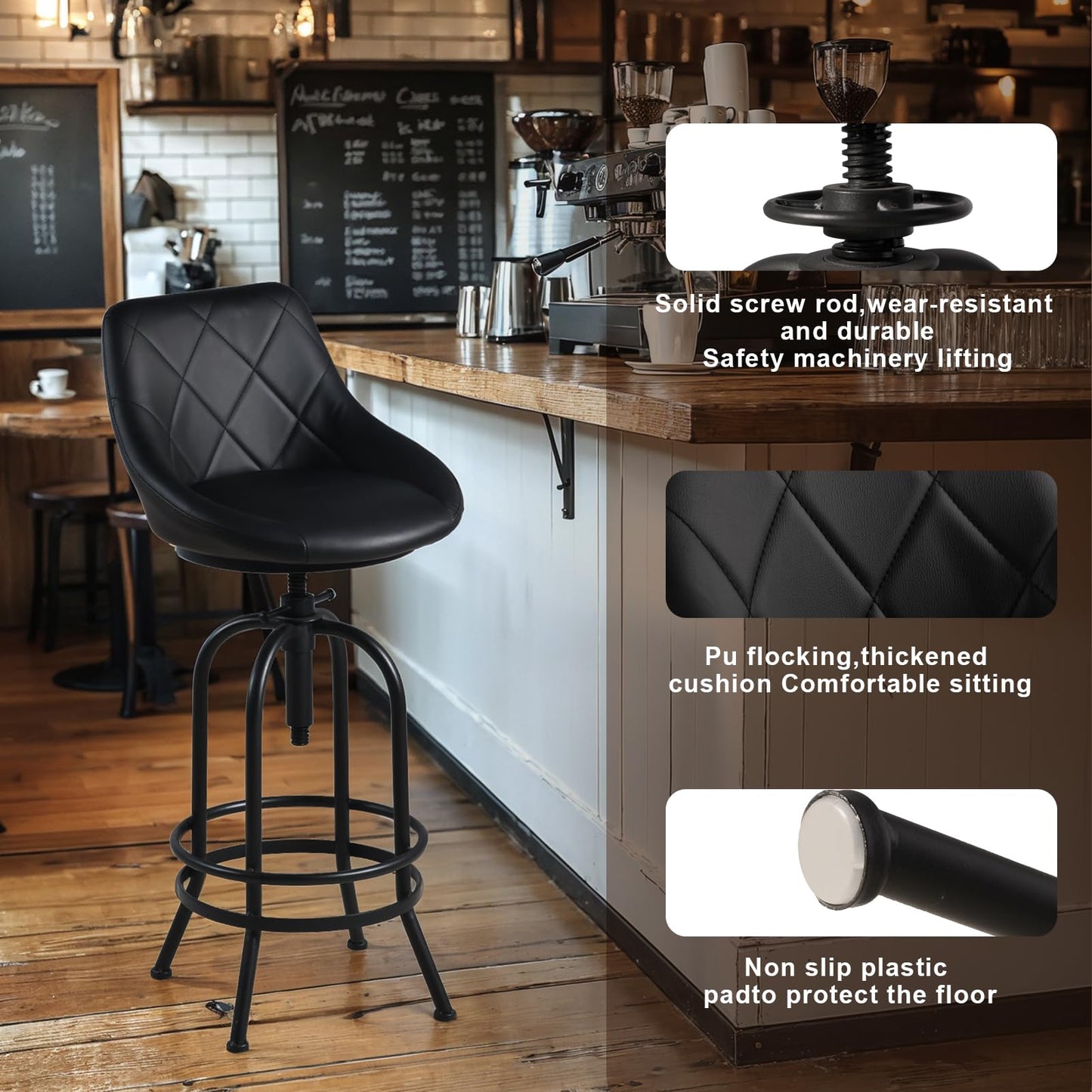 BOKKOLIK Industrial Bar Stool with Leather Backrest 26-32inch Height Adjustable Rustic Swivel Office Chairs Vintage Pub Stools for Kitchen Island Dining Room Living Room