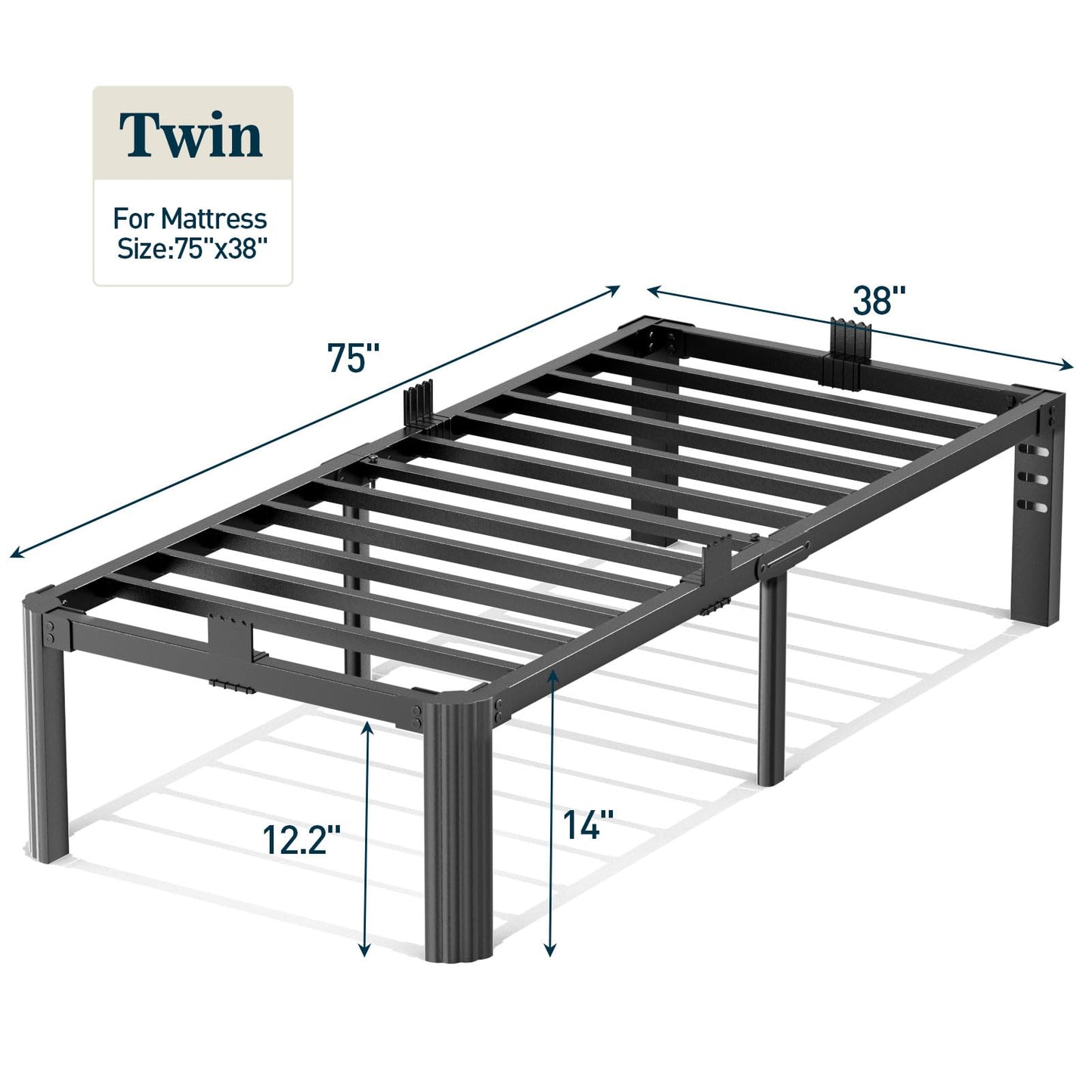 hiyuehome Twin Bed Frame,14 Inch 3500LBS Heavy Duty Noise-Free Metal Platform with Mattress Stoppers Retainers,Headboard Compatible,No Box Spring Needed,Easy Assembly, Round Feet