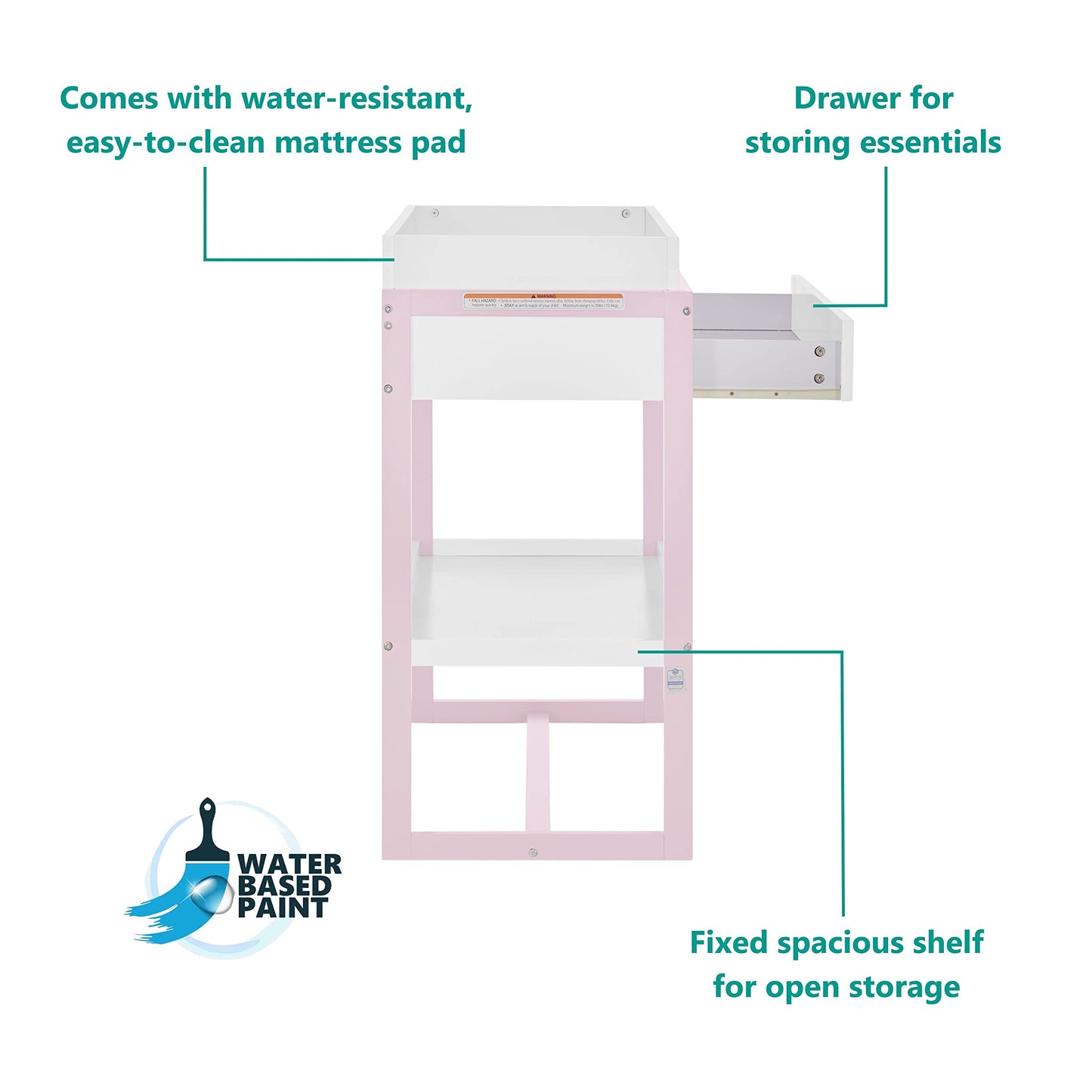 Dream On Me Arlo Changing Table in Blush Pink – Enclosed Dressing Area with Safety Strap, Solid New Zealand Pinewood, Non-Toxic Finish, Spacious Fixed Storage Shelf, Water-Resistant 1" Changing Pad