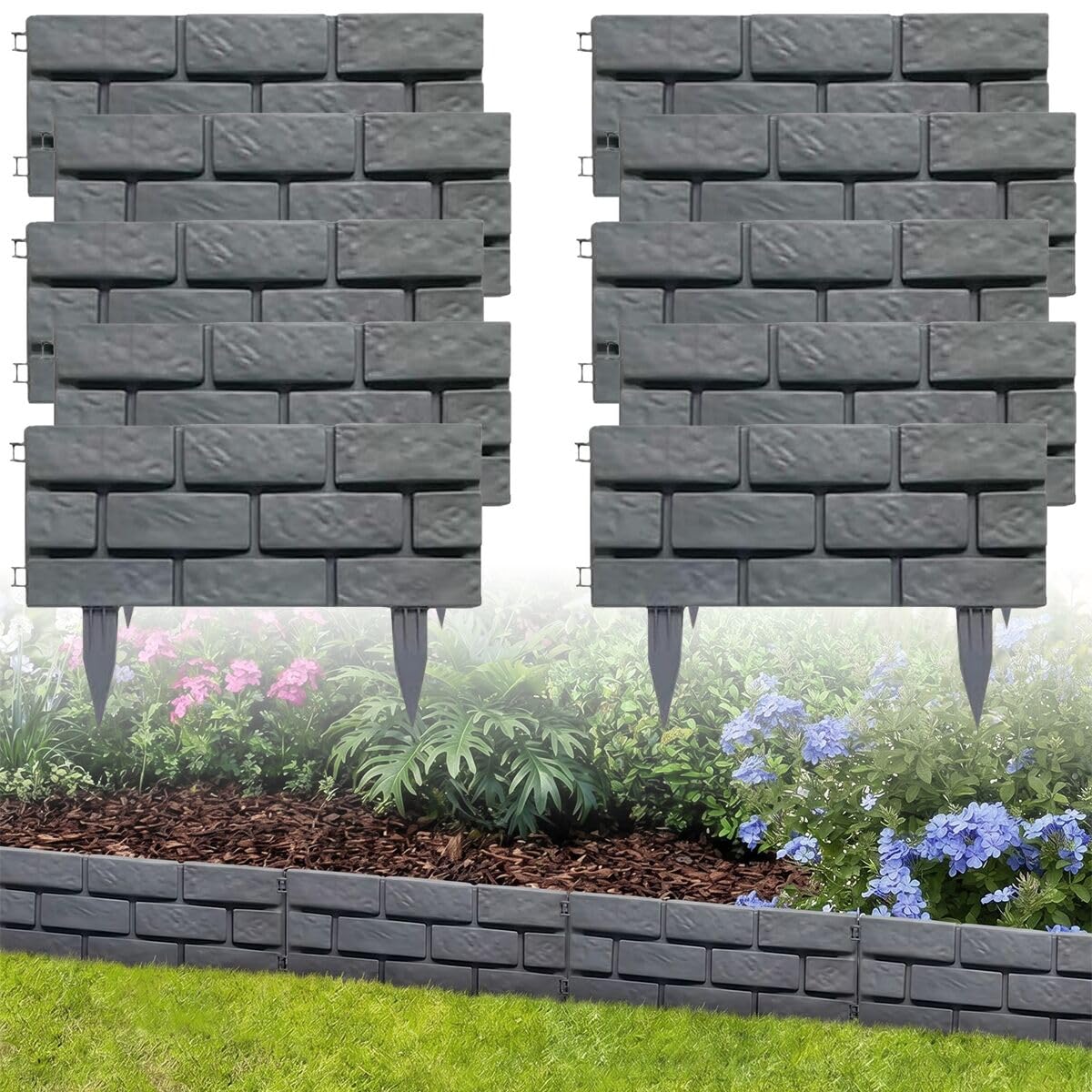 14.5FT/4.4M Brick Effect Garden Edging Border, 7IN/18CM Tall Lawn Flower Bed Edging Decorative Panels,Landscape Edge for Yard Tree Grass Path, DIY Straight/Curved/Circular Shapes -10PCS Grey