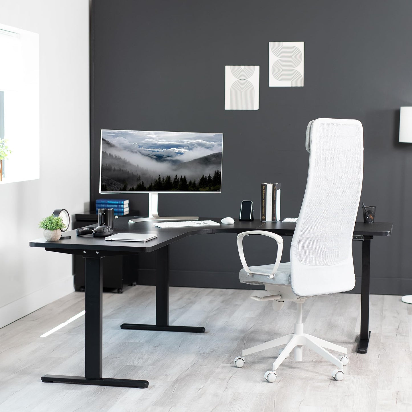 VIVO Electric Multi-Motor Height Adjustable Corner 3 Leg Standing Desk Frame, Sit Stand Ergonomic L Frame with Push Button Controller, Black, DESK-V123EB