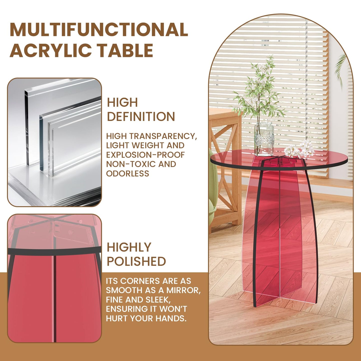 Dethan Red Acrylic End Table, Modern Lucite Side Table, Accent Table & Nightstand for Living Room, Bedroom & Sofa Side, Stylish Home Furniture, 20 x 20 x 21.1 in
