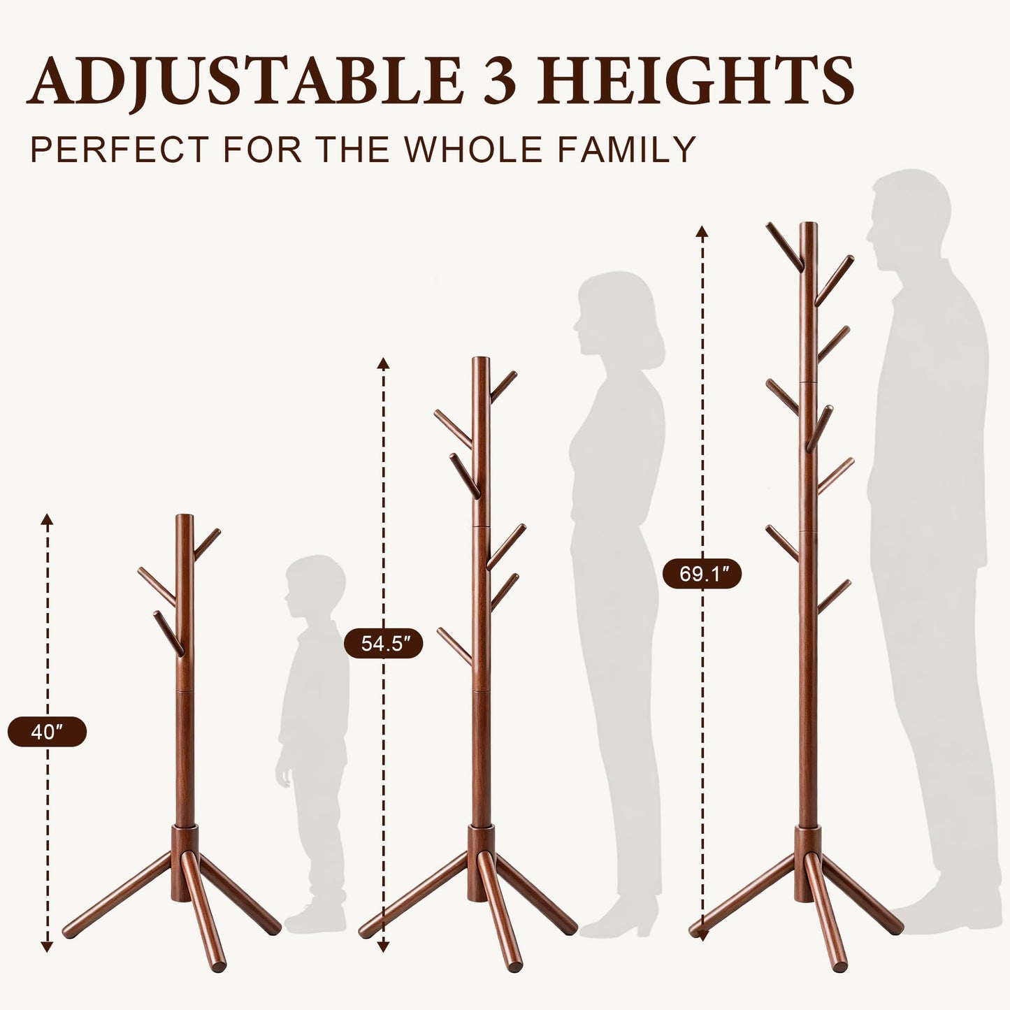 Freyawin Wooden Coat Rack Freestanding with 8 Hooks & 3 Adjustable Sizes for Clothes, Space-Saving Design for Bedroom Office Entrance Holds Hats Coats Scarves Bags