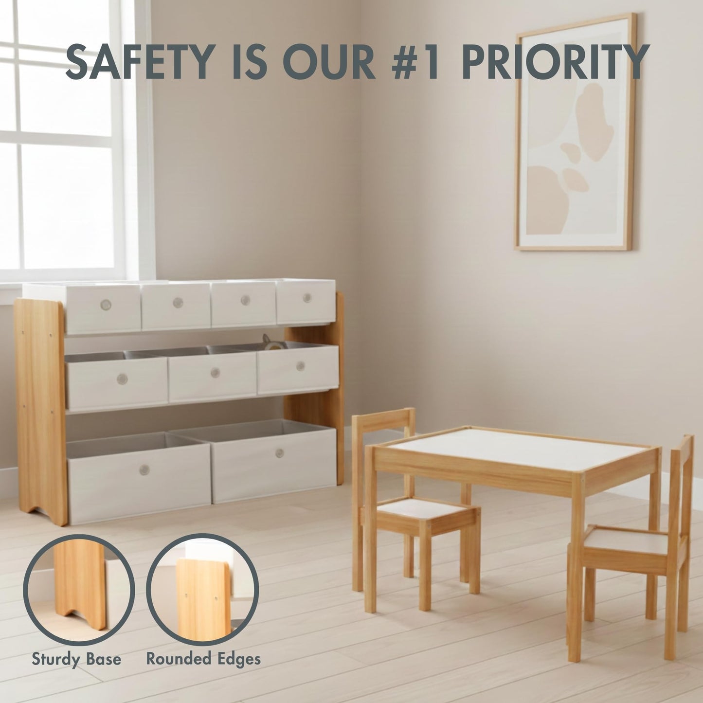 Humble Crew Journey Playroom in a Box, Kids 9 Bin Toy Organizer and 3pc Wood Table and Chair Set, Natural/White