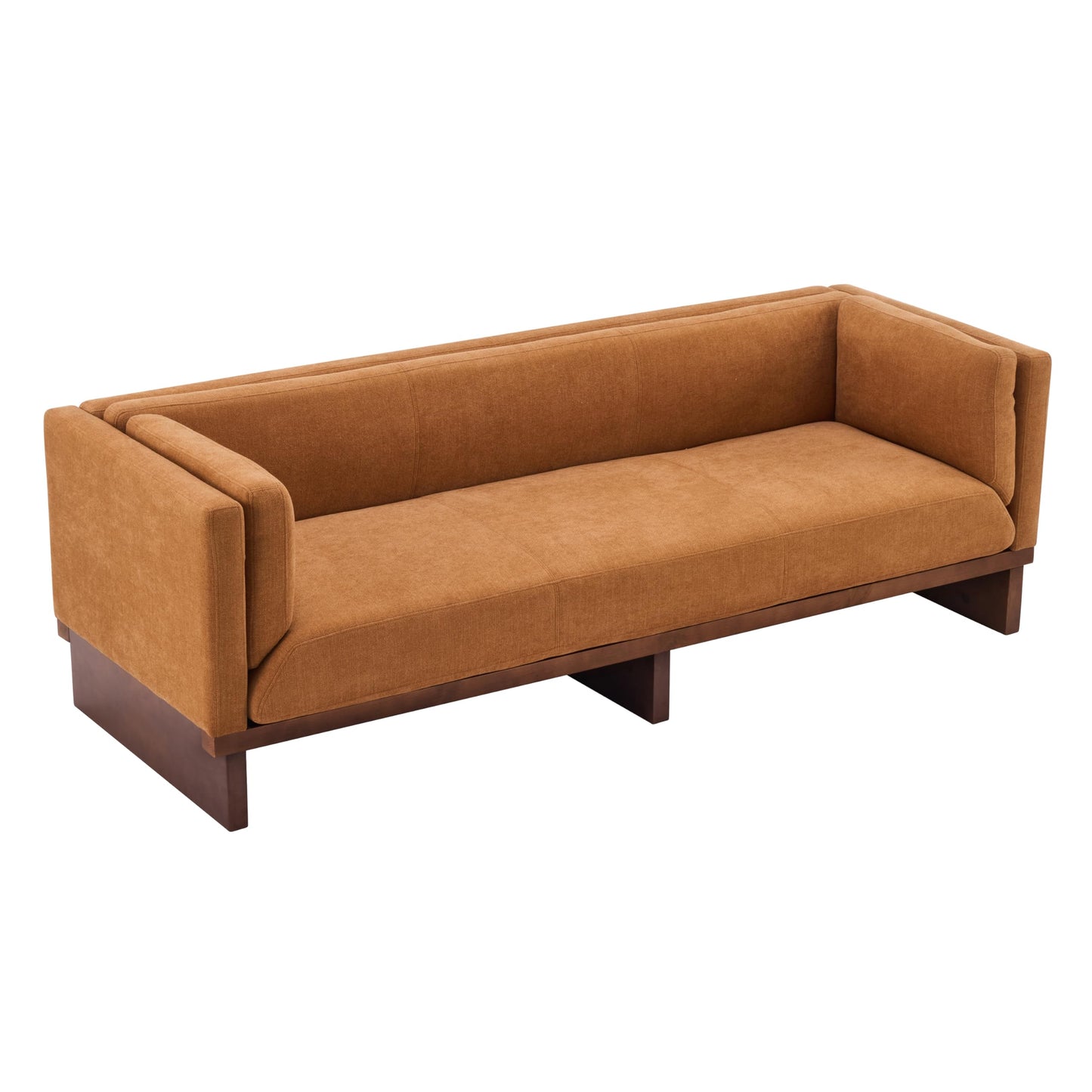 Christopher Knight Home 87" Recessed Modern Sofa Couch, 3 Seater Deep Seat Upholstered Polyester Fabric Sofa with Straight Back, Arms & Solid Wood Frame, Accent Sofa for Living Room Bedroom, Caramel