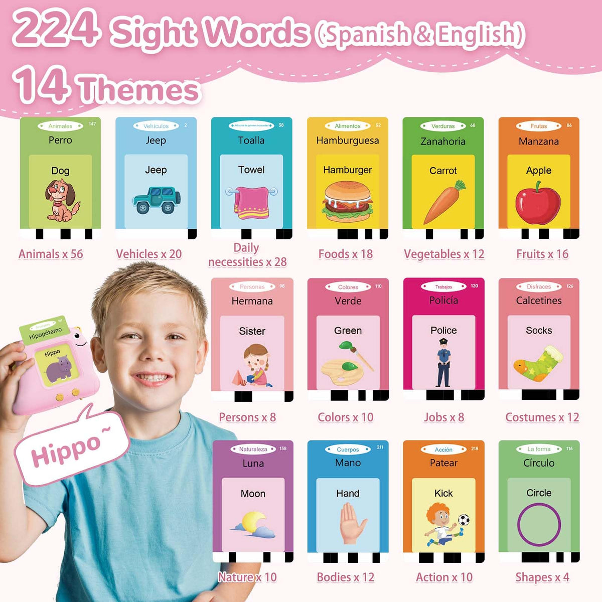 Alotwan Girls Toys Spanish Talking Flash Cards - Toddler Montessori Toys for Age 2-4, Bilingual Español Speech Therapy, 224 Words Preschool Learning Activity, Gifts for Little Girls 2 3 4 5 Years Old