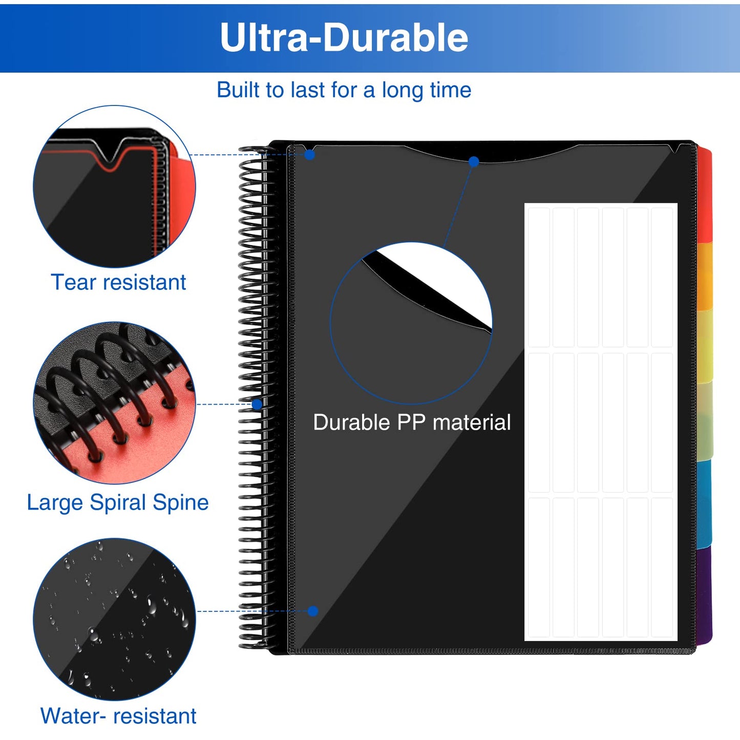 12 Pocket Project Organizer, Forvencer 1/6-cut Tab Binder Organizer with Sticky Labels, Multi Pocket Folder with Zipper Pouch, Folder Binder Spiral Pocket Notebook, Office Supplies, Letter Size, Black