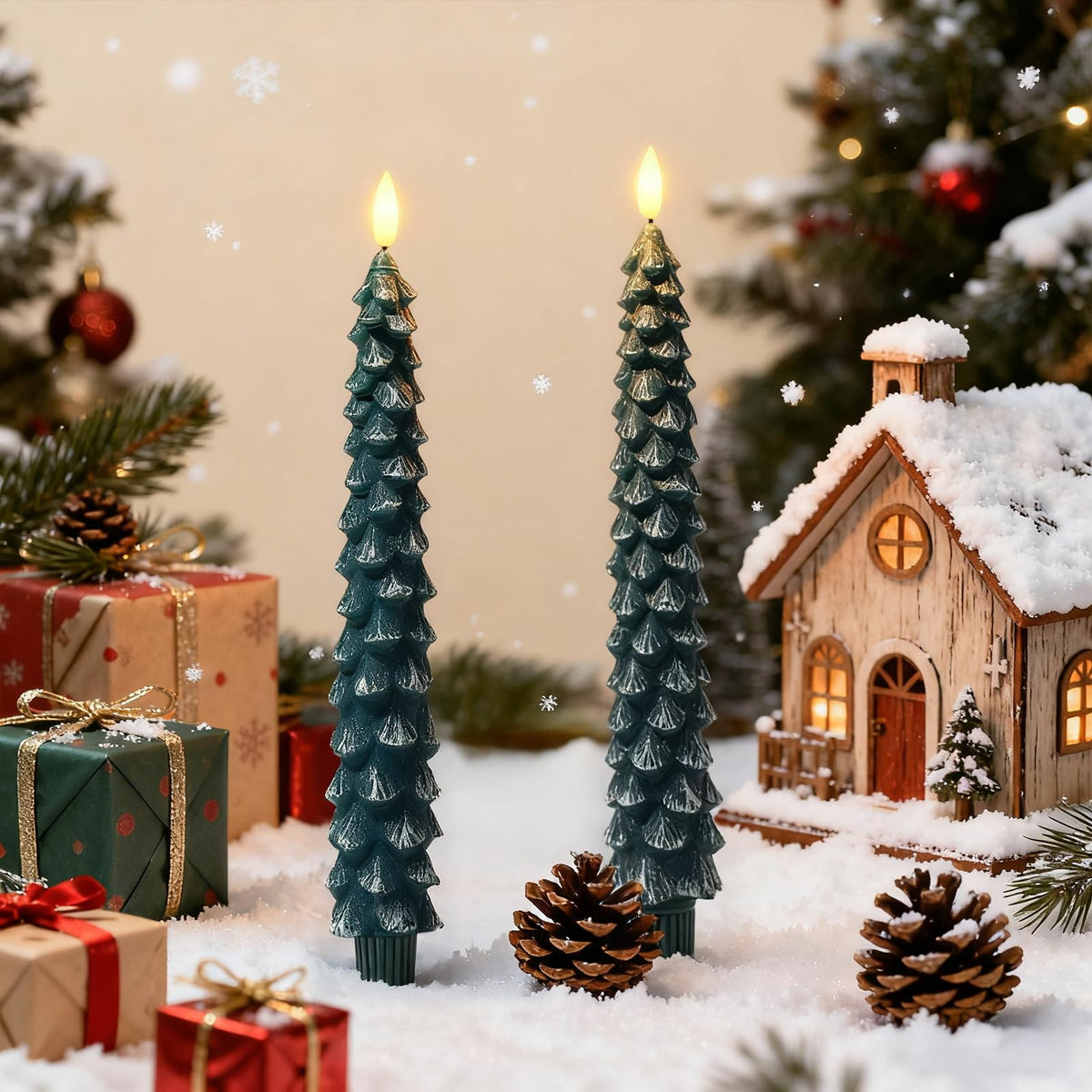 Christmas Decorations Indoor, Christmas Decor-Christmas Tree Taper Flameless Candles Battery Operated with Remote Timer, Xmas Candlestick Home Table Mantel Room Decor, 4 Pack(Green&White) Large, 11.4"