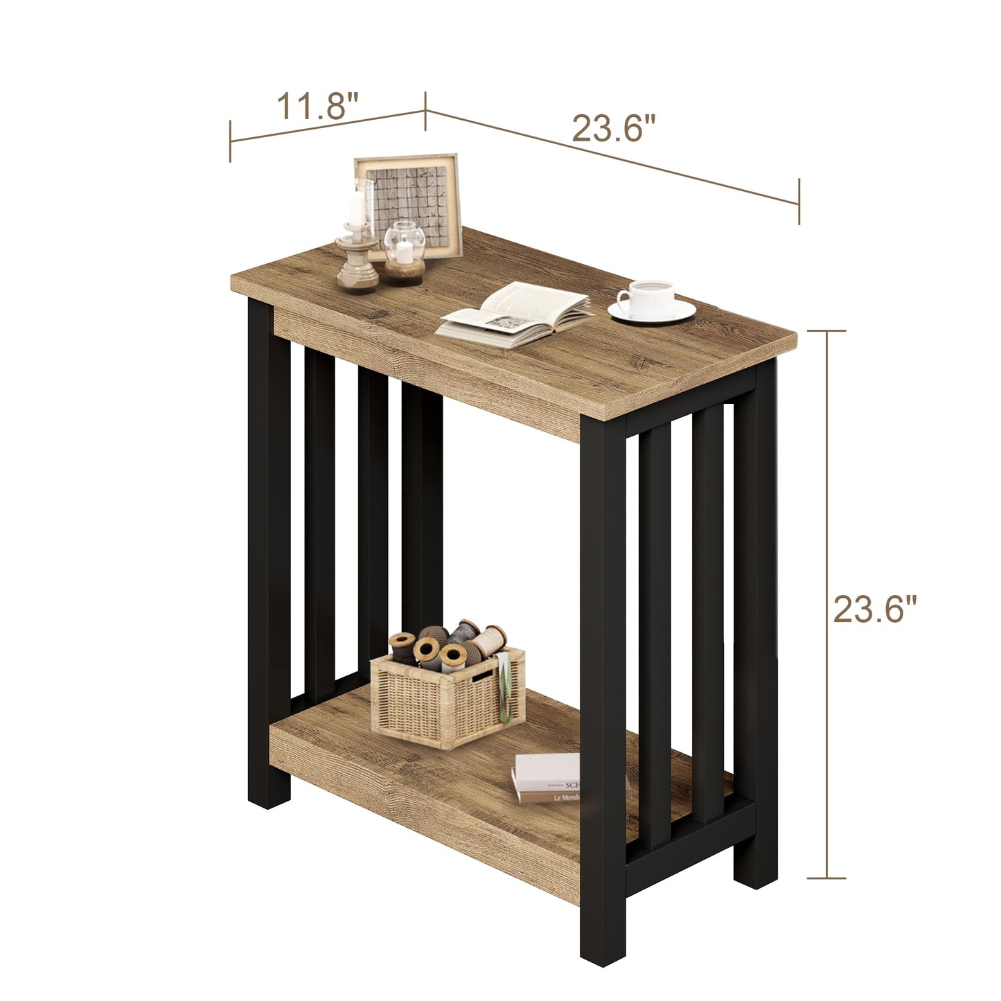 ChooChoo Mission End Tables Set of 2, Narrow Side Tables for Small Spaces, Night Stands with Storage Shelf for Living Room and Bedroom, Rustic Oak & Black