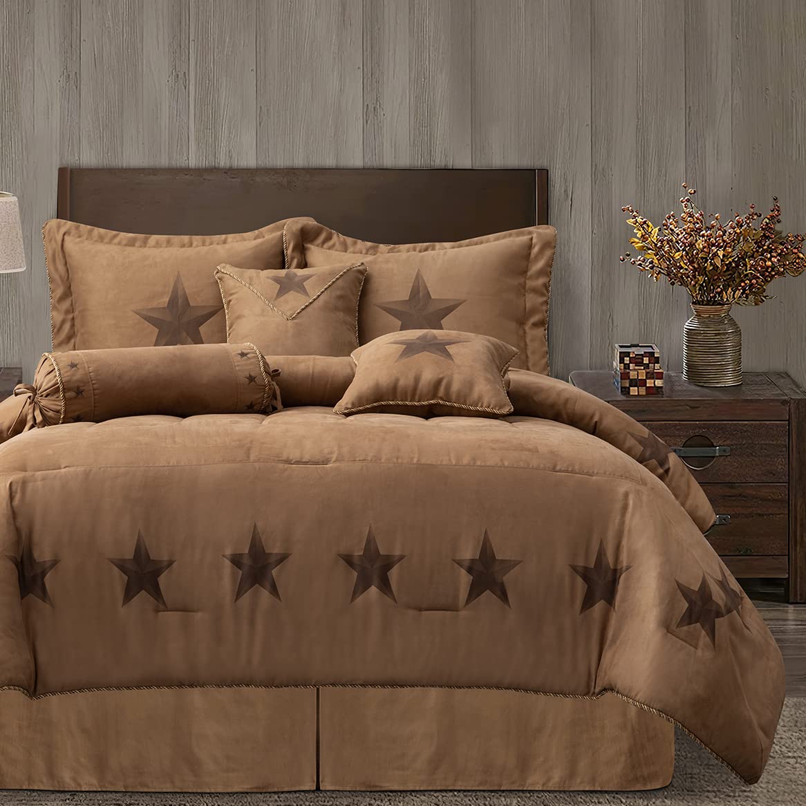 Paseo Road Luxury Star 7 Piece Comforter Set, King, Faux Suede Bedding, Western Rustic Cabin Lodge Style, 1 Comforter, 1 Bedskirt, 2 Pillow Shams, 2 Accent Pillows, 1 Neckroll