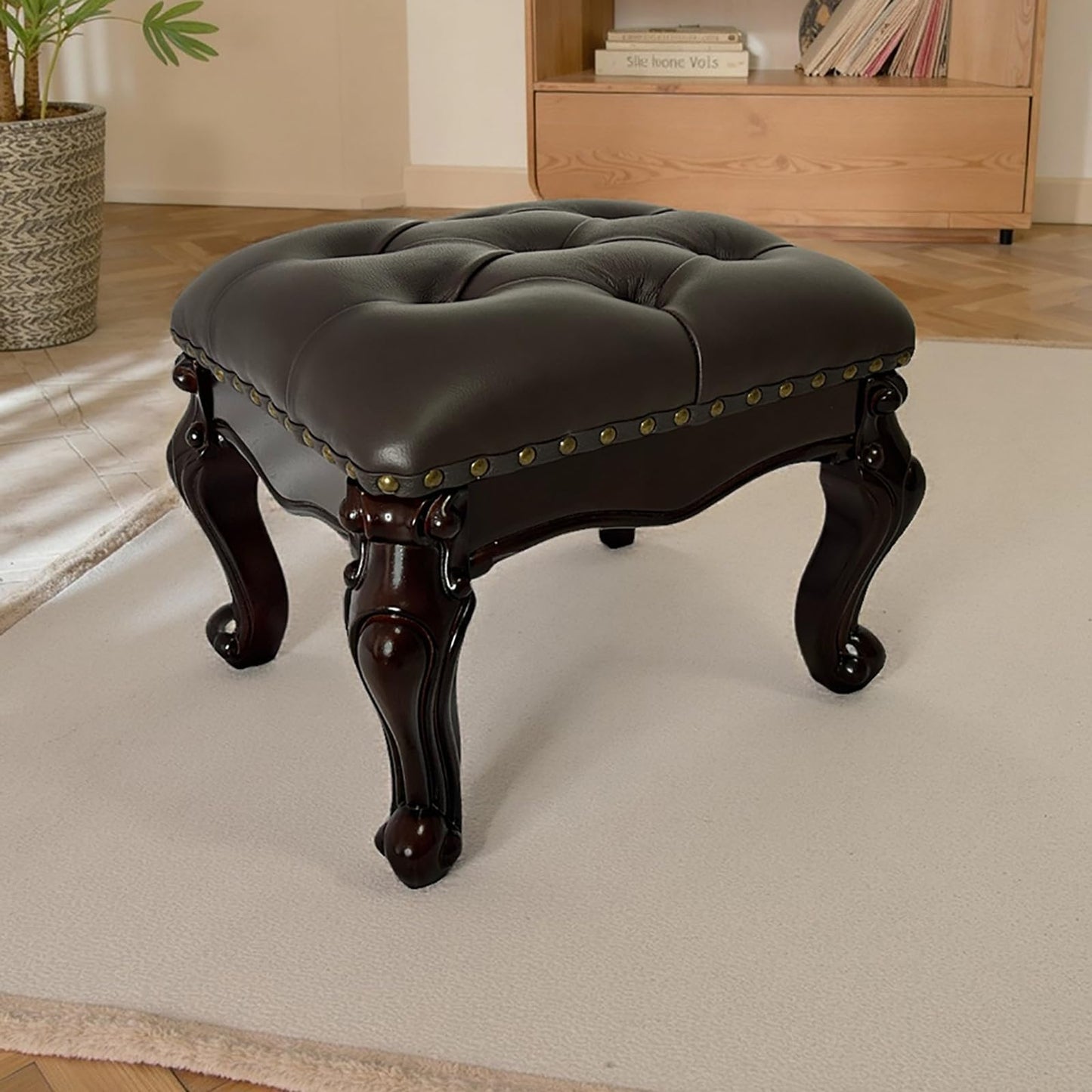 GHBRHBJ Leather Foot Stool,Vintage Footstools,Wooden Footrest,Upholstered Foot Rest for Living Room,Sofa,Entryway (Walnut)
