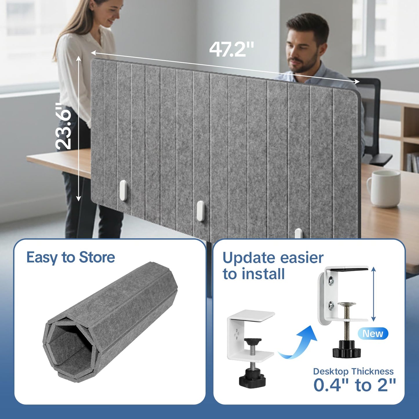 Keemute 48" Desktop Privacy Screen - Sound Absorbing Felt Panel, Clamp-On Foldable Office Divider for Desk, Dark Grey
