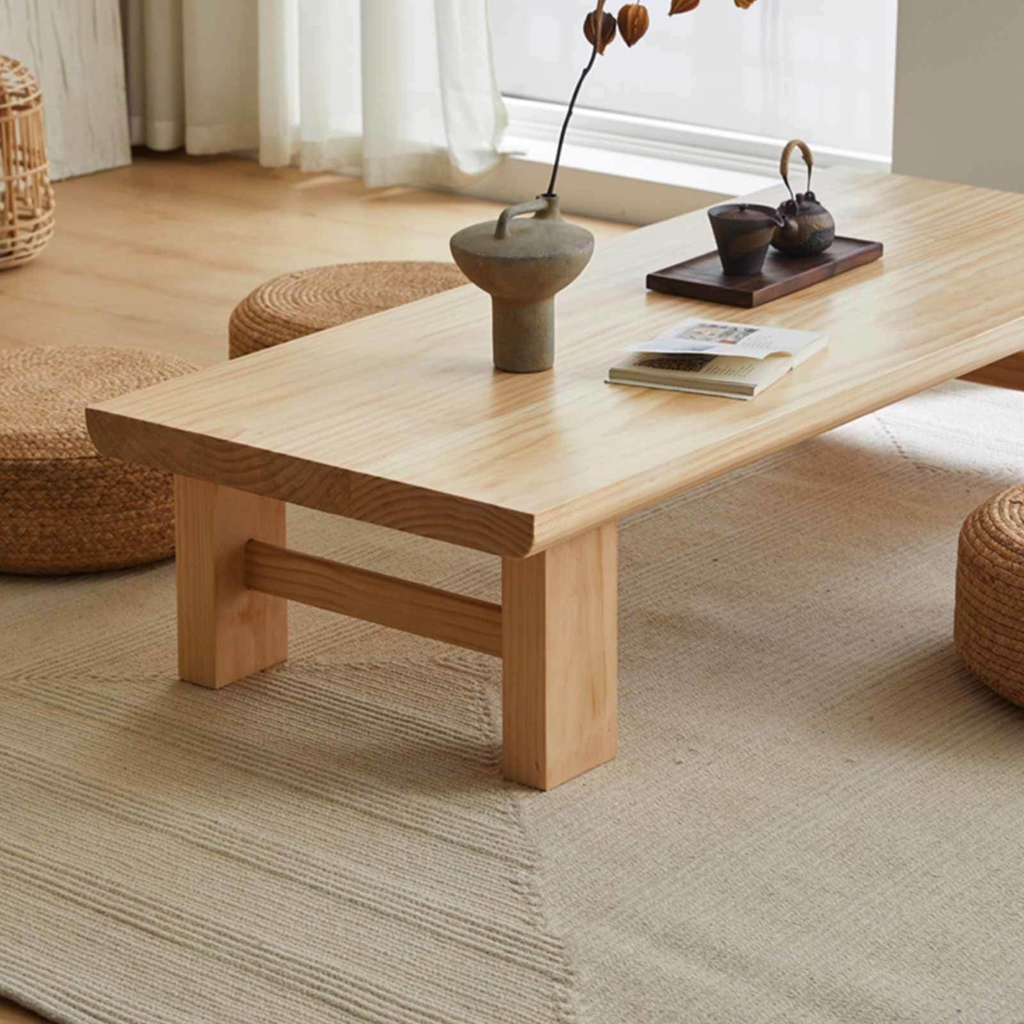 Japanese Style Solid Wood Coffee Table - Zen Tatami Low Table, New Chinese Design, 70.9" Long Balcony Floor Table, Elegant Wood Finish for Living Room & Office