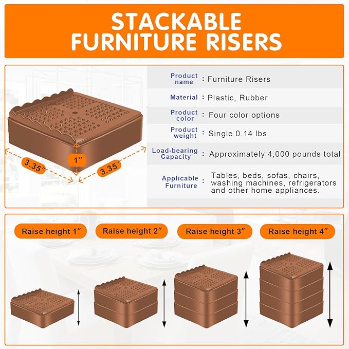 Furniture Risers, 4 Pack Bed Risers