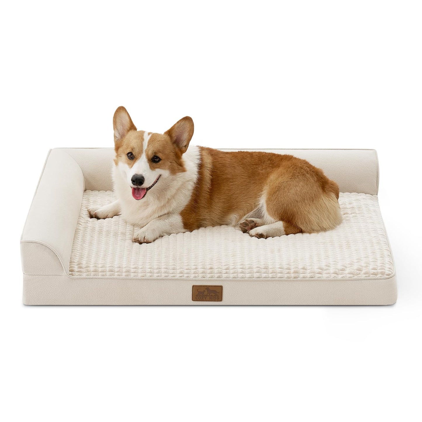 COZY KISS Orthopedic Dog Bed for Large Medium Size Dog, Dogs Crate Bed, L Shaped Foam Anti-Slip Bottom Pet Cat Sofa with Washable Removable Cover, Suitable for Pet Up to 75 lbs, 36x27x6.5 inch, Beige