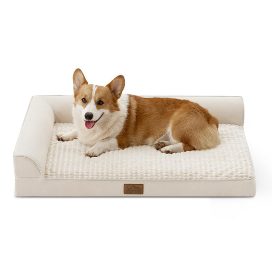 COZY KISS Orthopedic Dog Bed for Large Medium Size Dog, Dogs Crate Bed, L Shaped Foam Anti-Slip Bottom Pet Cat Sofa with Washable Removable Cover, Suitable for Pet Up to 75 lbs, 36x27x6.5 inch, Beige