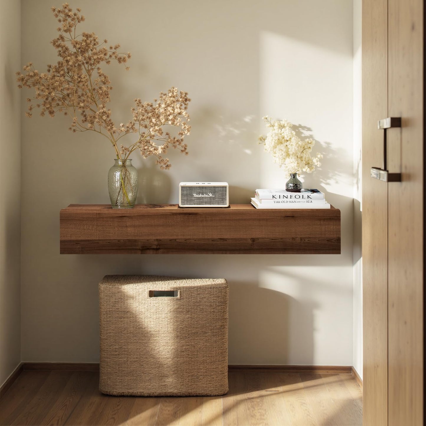 TuckTect Floating Solid Wood Console Table, 32'' Wall Mounted Narrow Entryway Table with Storage Shelf, Modern Couch Shelves Small Entry Way Tables for Entryway, Front Hall, Hallway (Walnut, 31.5IN)