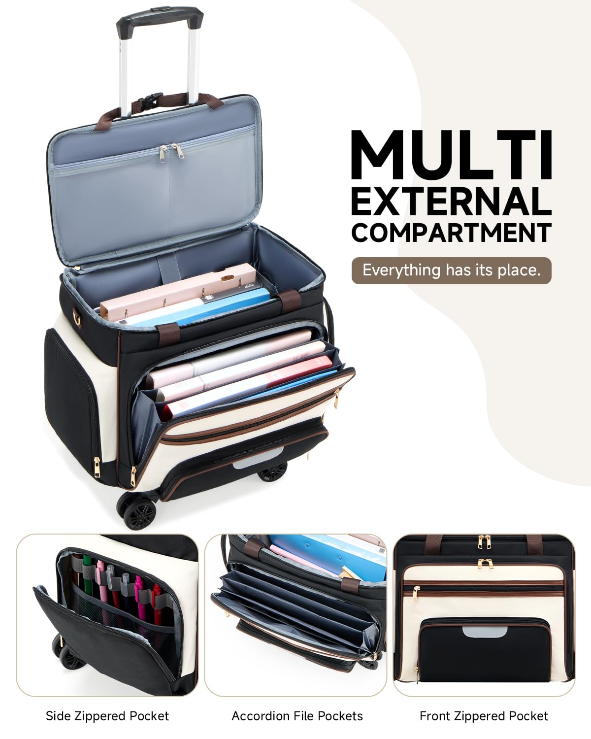 Amythe Rolling Teacher Tote Bag with Accordion File Organizer, 5-Wheel 15.6" Laptop Briefcase with Lunch Box, Wheeled Work Bag for Business, Office, Craft-Black