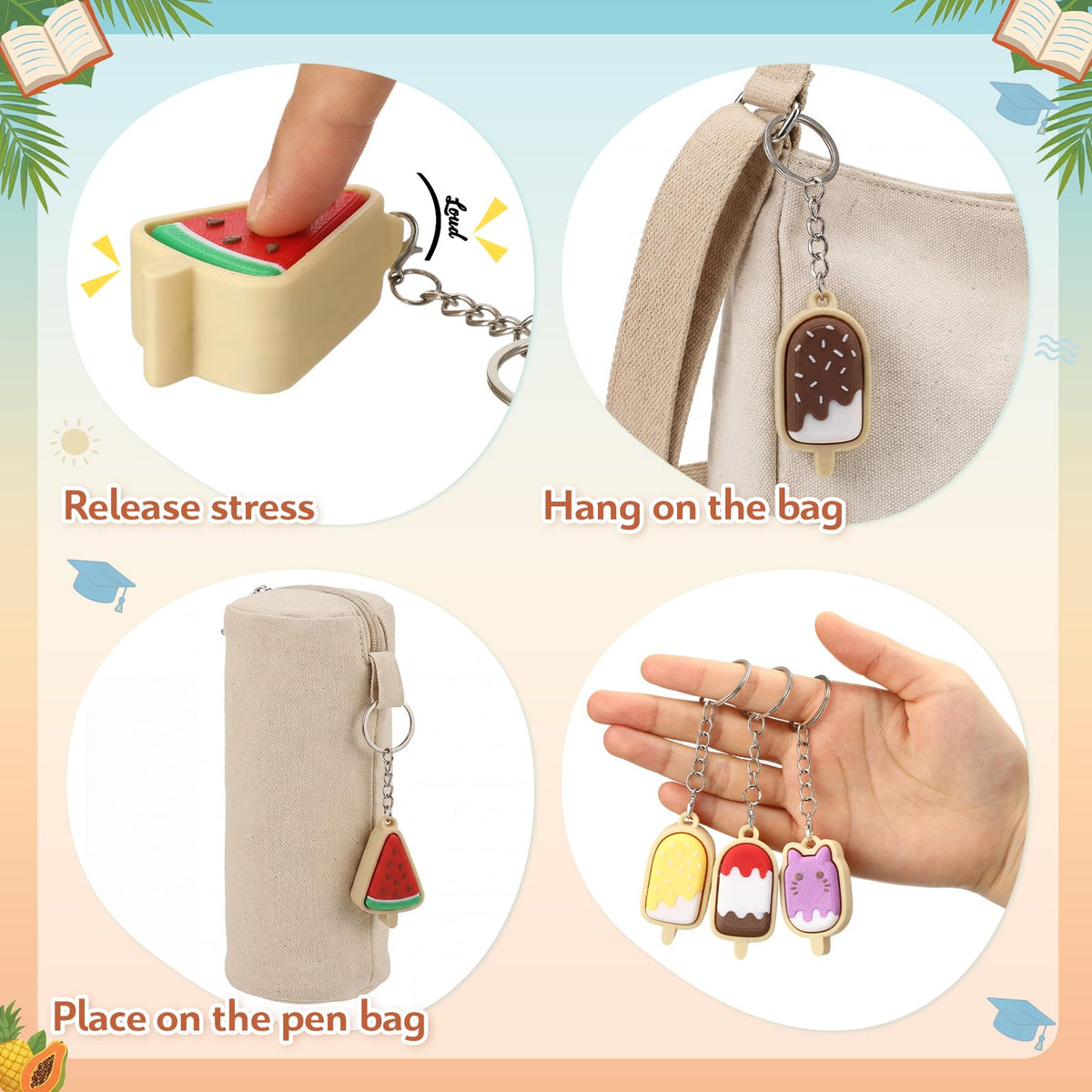 Kenning 10 Pcs Ice Cream Clicker Fidget Keychains Bulk Cute 3D Printed Clicker Fidget for Stress Relief Graduation Party Favors Summer Goodie Bag Stuffers Office Gifts for Coworkers