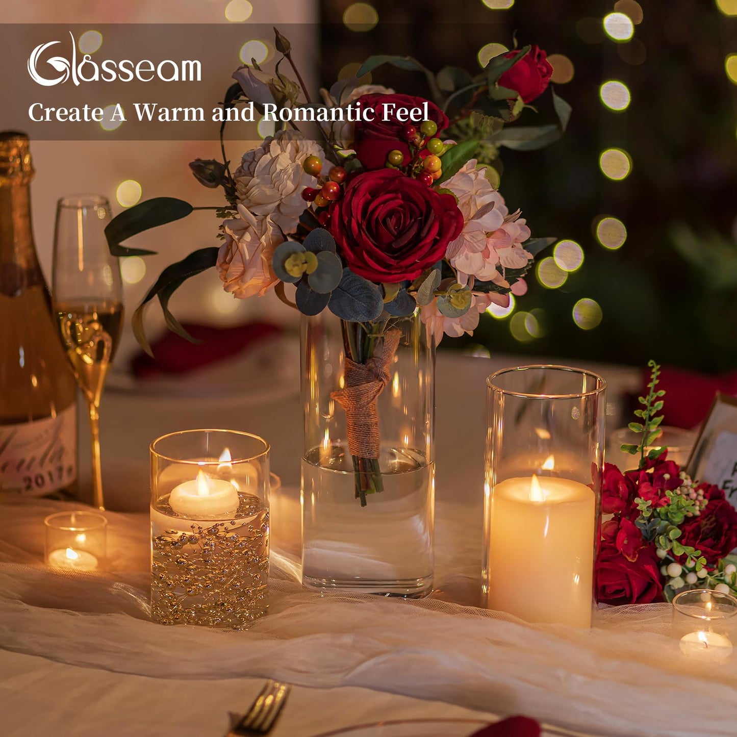Glasseam Hurricane Glass Candle Holders: 3 Pcs Clear Cylinder Vases for Centerpieces Large Pillar Candle Holder for Floating Candles Modern Home Decor Wedding Table 5.3'' 7.3'' 9.5'' Height
