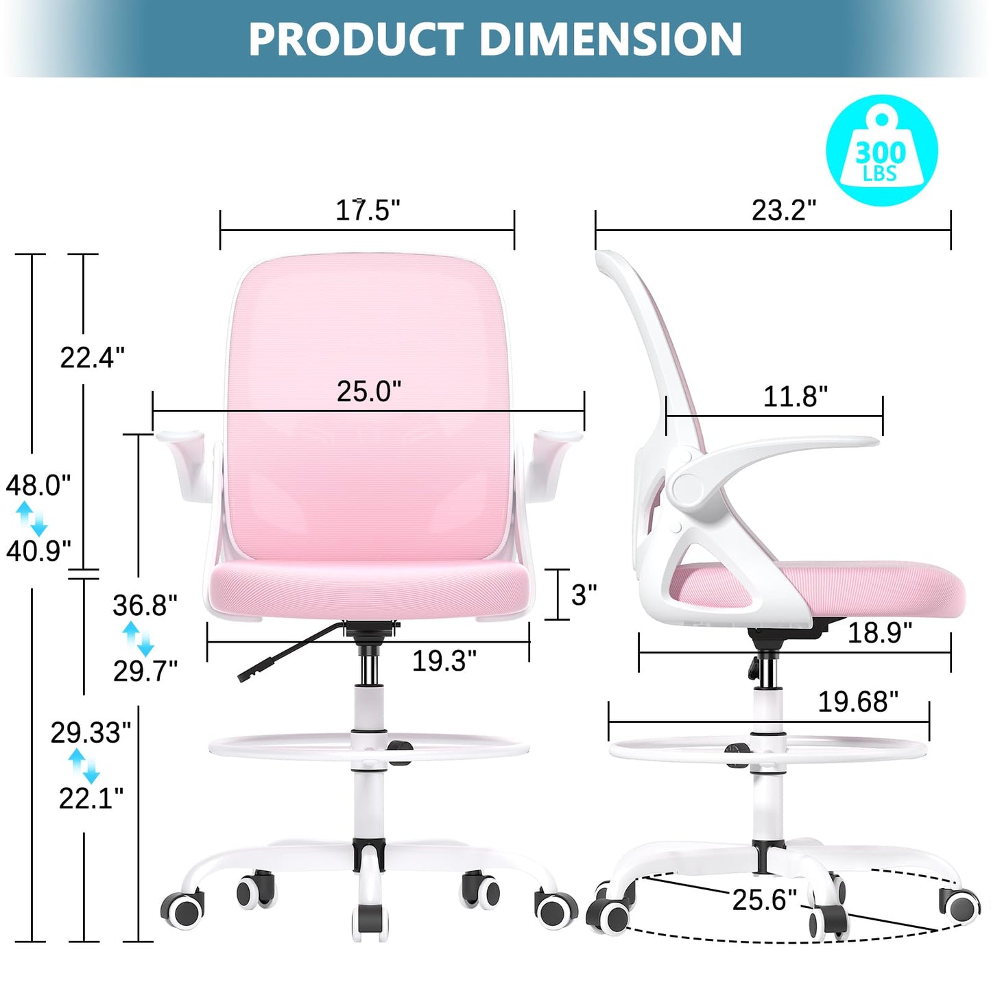 Kensaker Drafting Chair Tall Office Chair, Ergonomic Standing Desk Chair with Adjustable Foot Ring and Flip-up Armrests, Mesh Computer Chair for Art Studio, 300 LBS, Pink