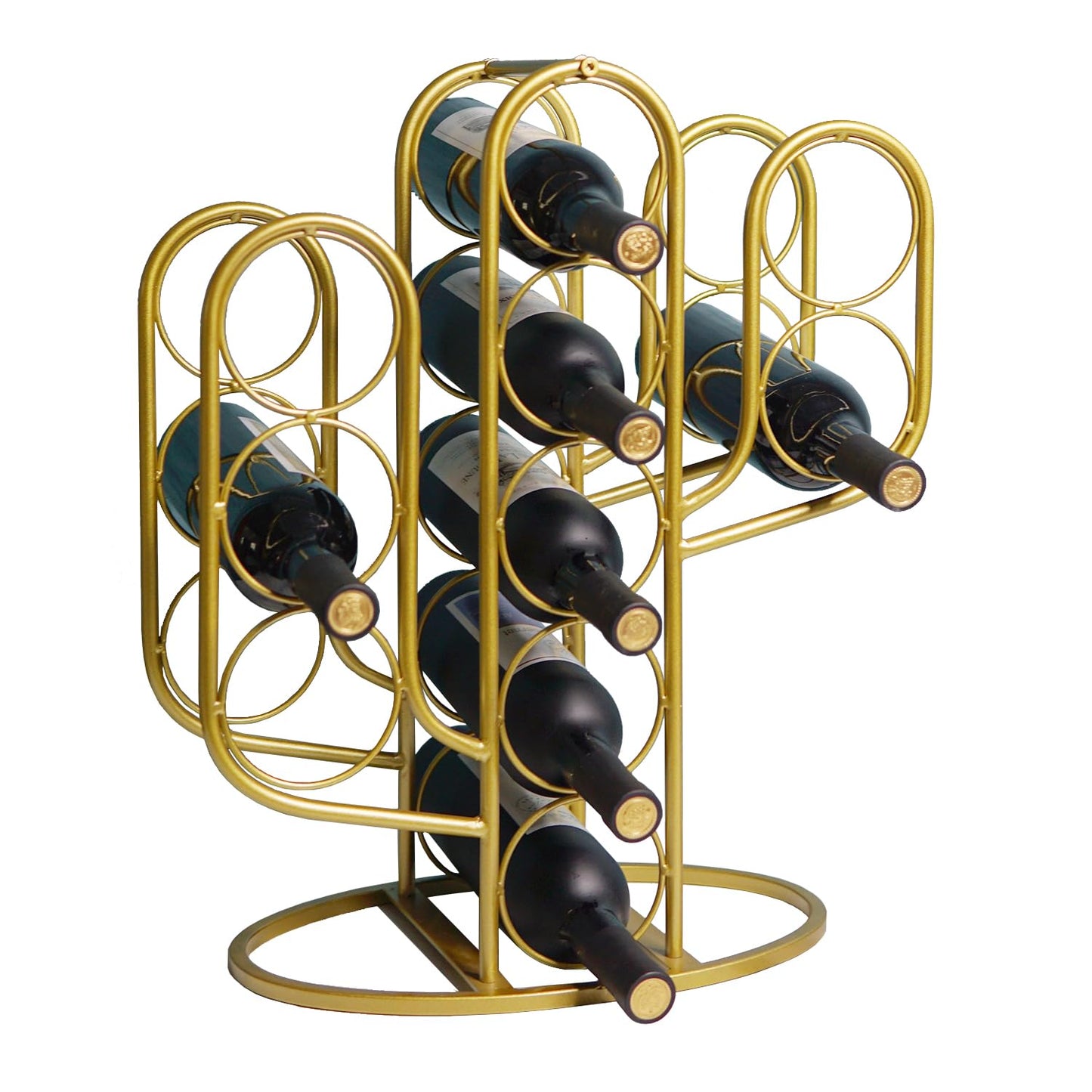 Mandaiter 10 Bottles Wine Rack, Decorative Metal Cactus Wine Holder Storage for Countertop, Desktop Wine Bottle Display Rack for Home, Kitchen, Bar, Cellar (Golden)