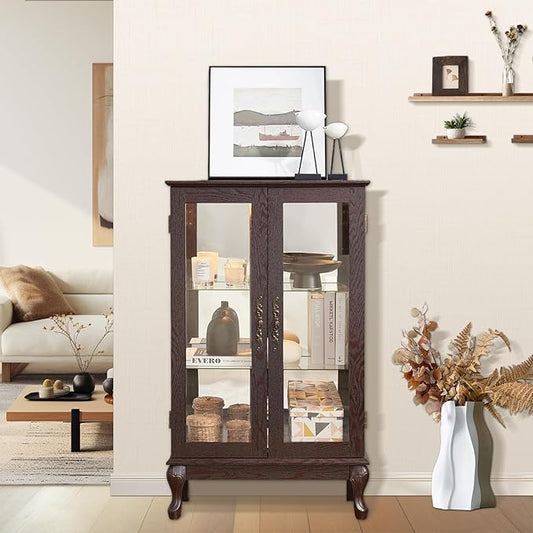 Curio Cabinet with Lighted Display, Glass Display with Mirrored Back, Vintage
