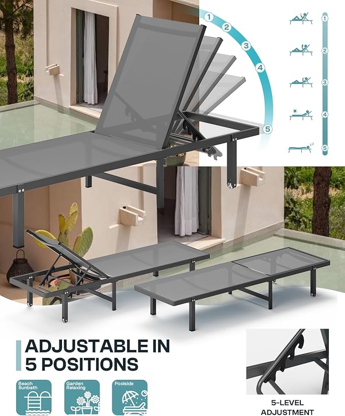 Aluminum Outdoor Lounge Chairs Set of 2, Pool Lounge Chairs