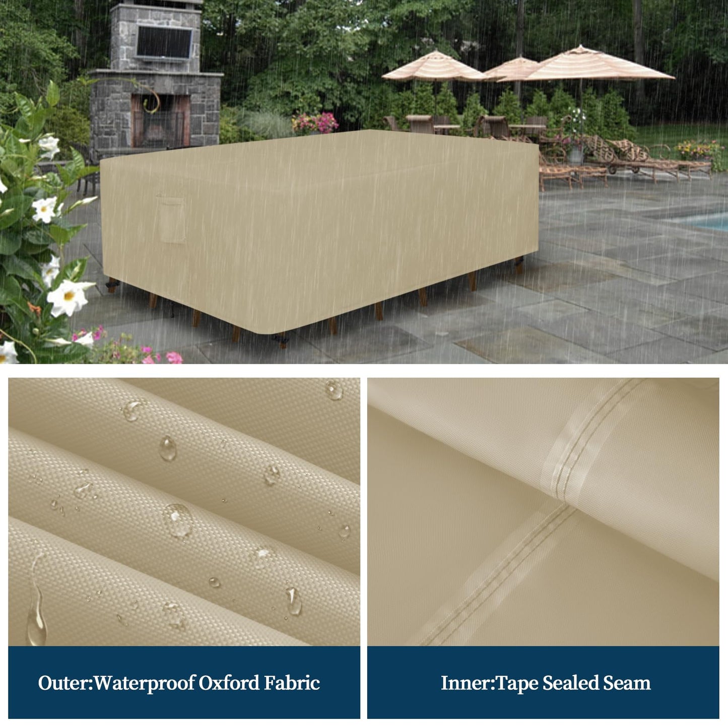 Easy-Going Rectangle Patio Furniture Cover Waterproof Outdoor Dining Table and Chair Cover Anti-UV Outside Sectional Sofa Set Covers (110"L x 84"W x 28"H, Camel)