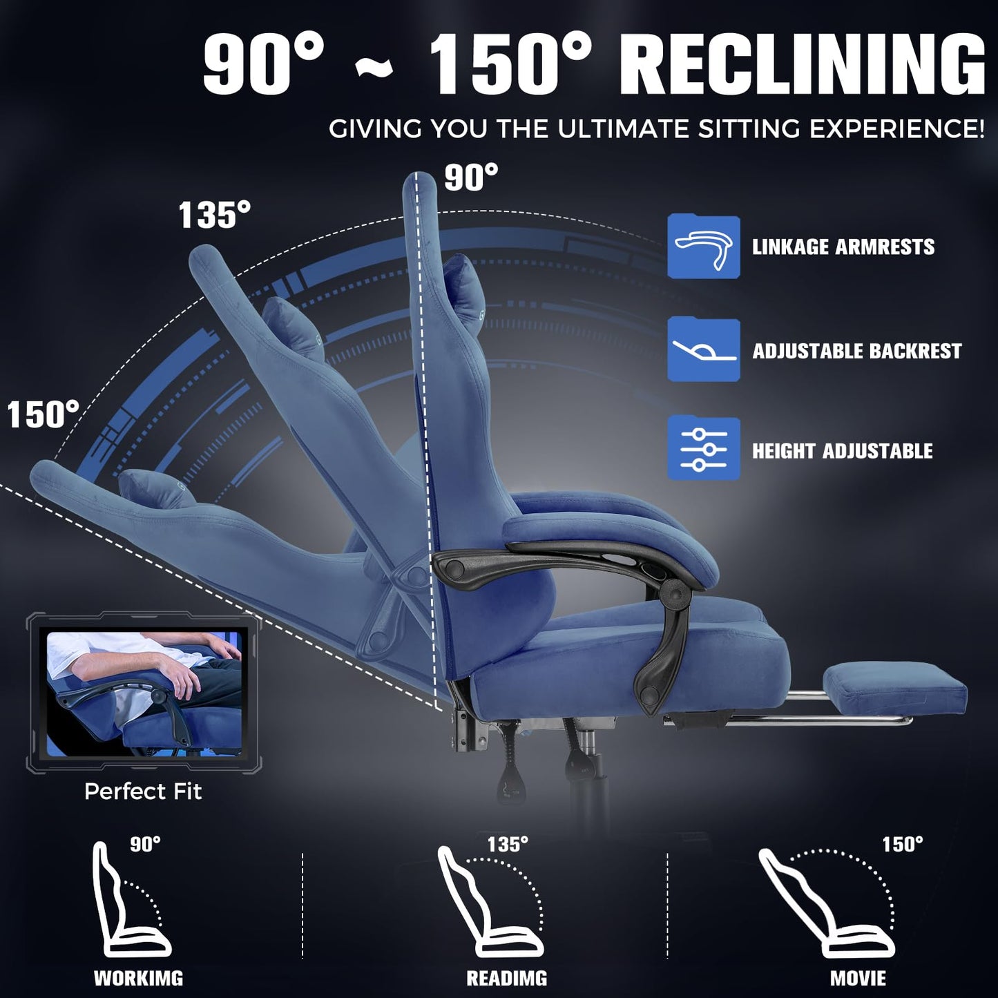 GTPLAYER Big and Tall Gaming Chair 400lbs Heavy Duty Office Chair with Foot Rest, High Back Pocket Spring Ergonomic Computer Chair for Adults, Wide Comfy Seated Cushion with Linkage Armrests, Blue