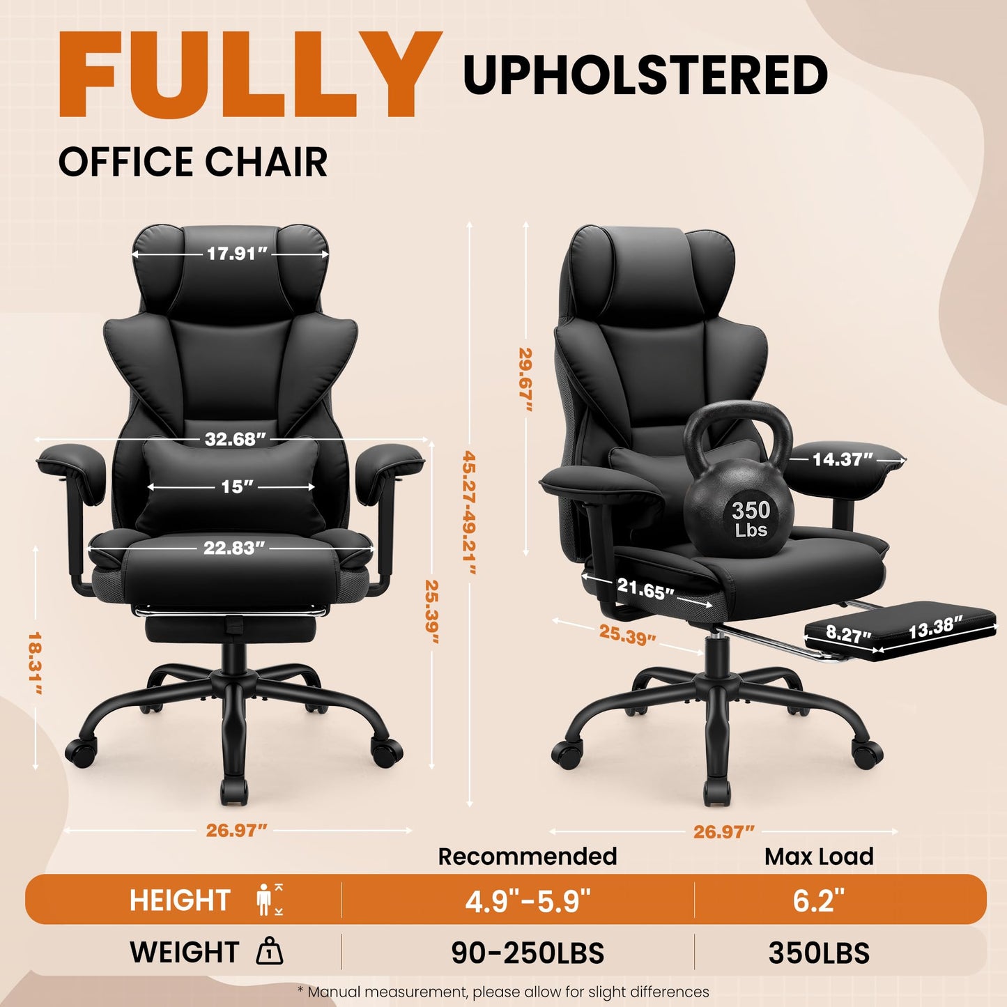 Stella Mia Big and Tall Office Chair with Foot Rest, Desk Chair with Soft Adjustable Armrests, Ergonomic High Back Gaming Chair with Lumbar Support, Executive Computer Chairs (PU Leather, Deep Black)