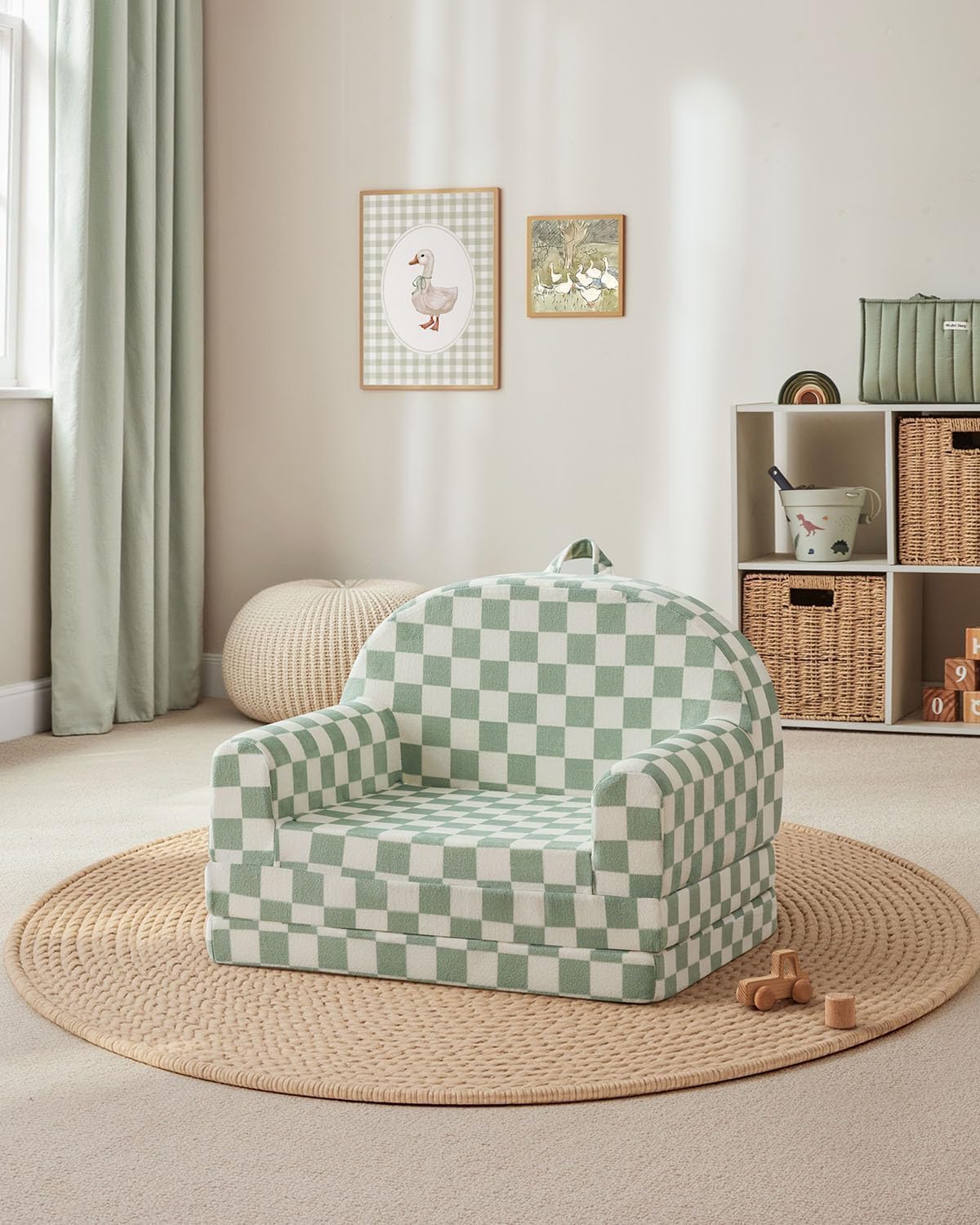 Blissful Diary Kids Couch, 2-in-1 Comfy Kids Chair for Reading, Playroom, Kids Couch Sofa for Girls Boys Birthday Gift, Sage Checkered