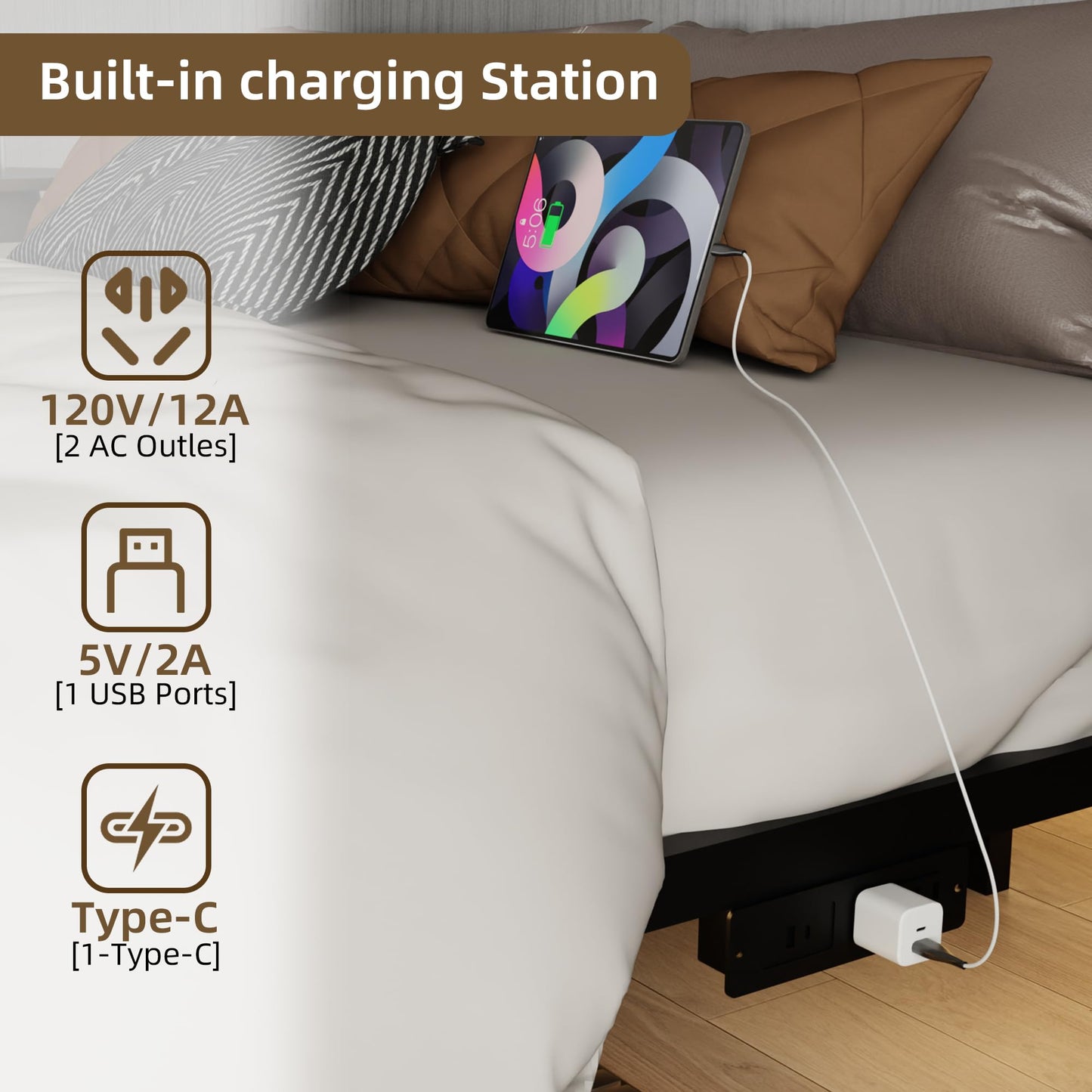 Muluflower Floating Bed Frame Full Size with Charging Station and LED Lights, Metal Platform Bed Frame, No Box Spring Needed, Easy Assembly, (Full)