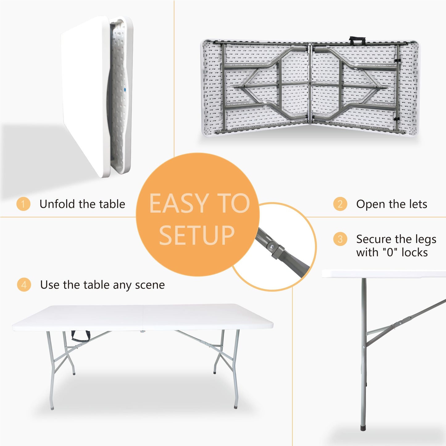 Vampire Killer Folding Table 6ft Foldable Table with Built in Handle & Steel Legs / 6FT Heavy Duty Folding Portable,Perfect for Party, Dining Indoor/Outdoor Events, Tailgating & Backyard BBQ, White