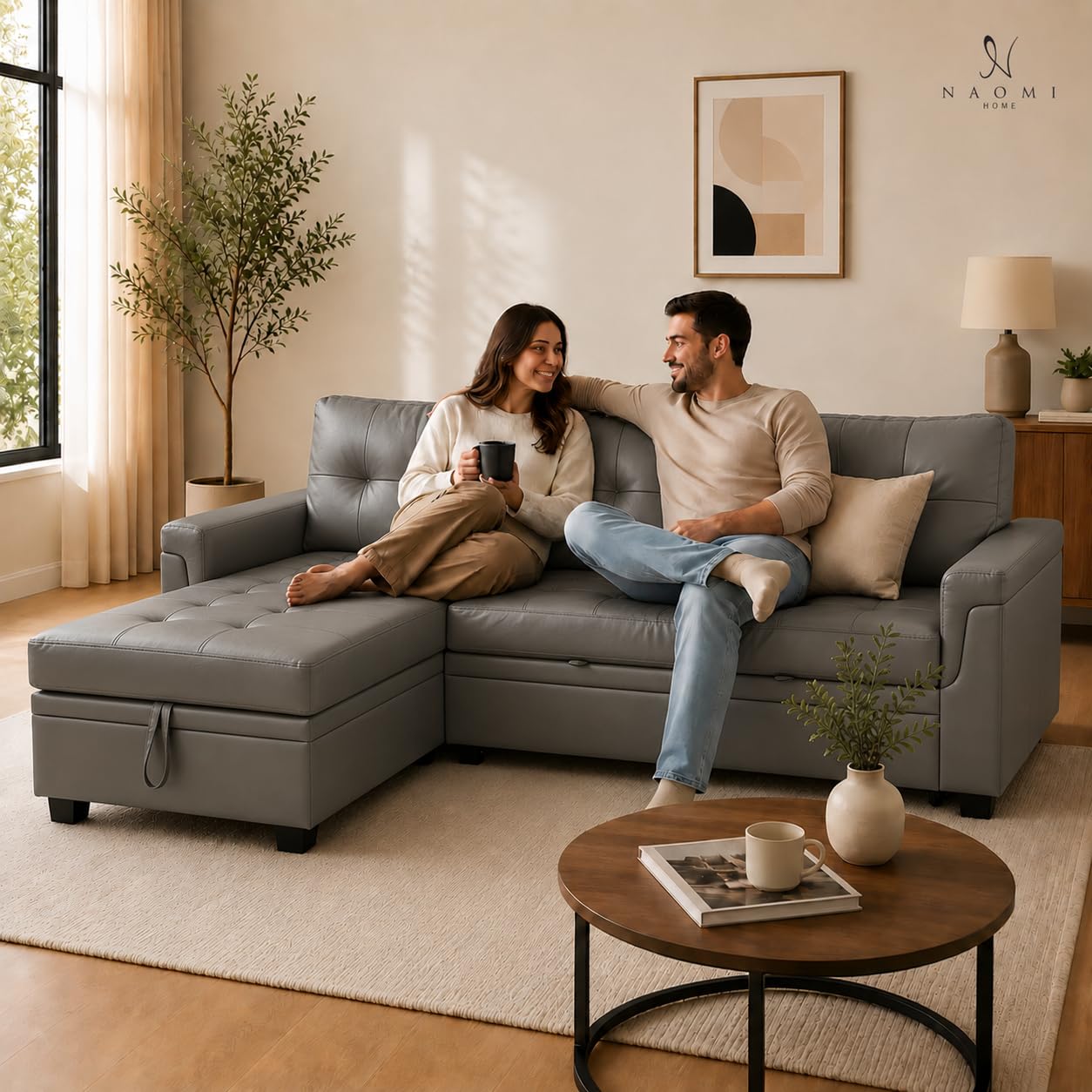 Naomi Home L Shaped Sectional Couch with Storage & Pull Out Bed – 3-in-1 Convertible Sleeper Sofa Bed, Small L Shape Sofa for Living Room, Sofa Bed with Storage Chaise in Gray, Air Leather