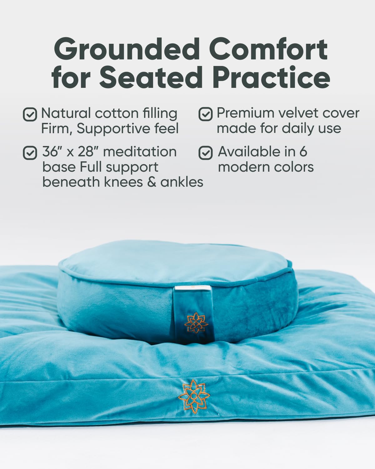 Mindful Modern Velvet Zabuton Meditation Mat - Luxurious Meditation Cushion Pillow with 100% Cotton Filling - Enjoy Better Posture and Greater Comfort for Zafu or Bench (Tropical Turquoise)
