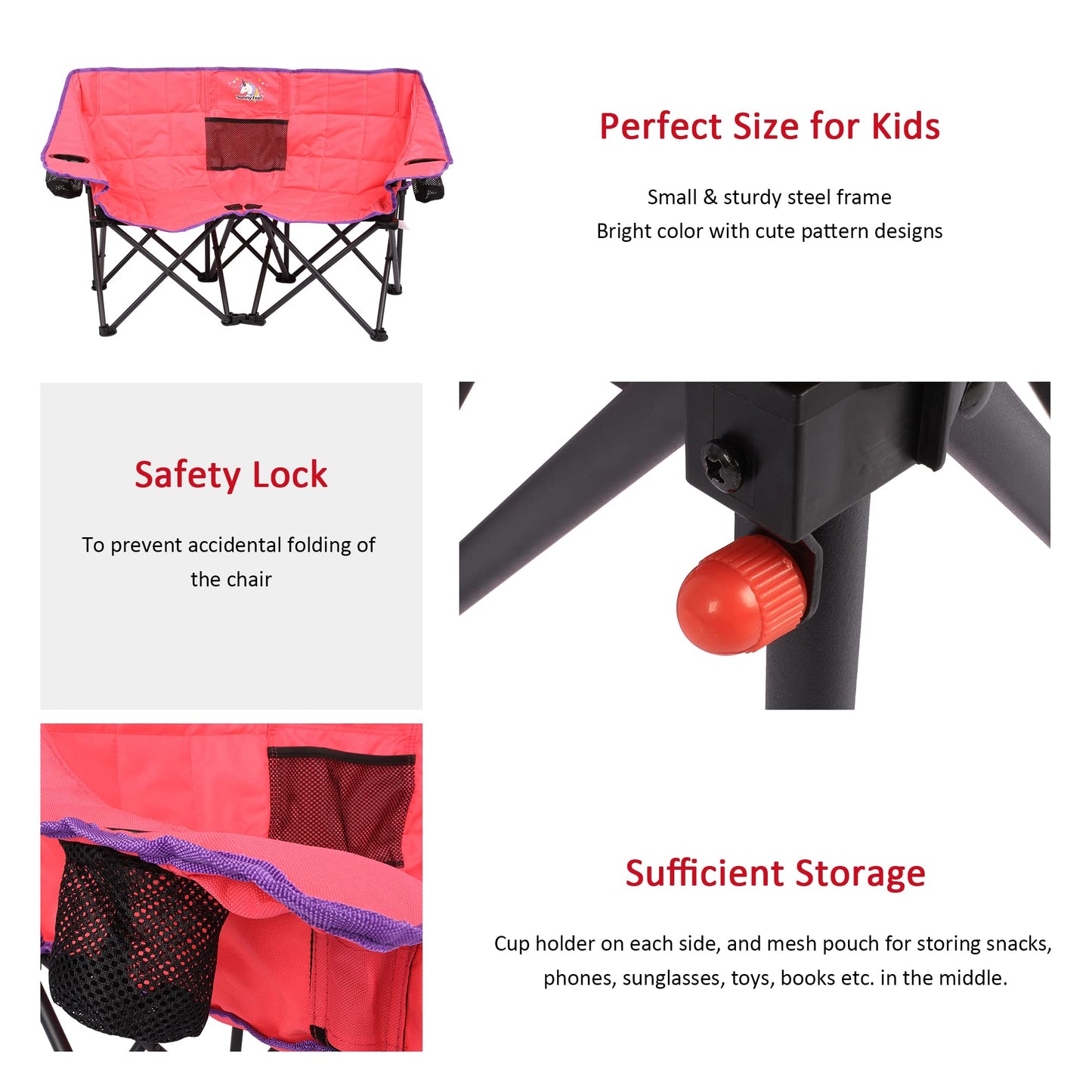 SUNNYFEEL Kids Folding Double Camping Chair, Portable Kids Camping Chairs 2 Seat Chair, Pink Padded Foldable Lawn Chairs with Cup Holder for Beach/Outdoor/Travel/Picnic, Foldable Camp Chairs 2 Person
