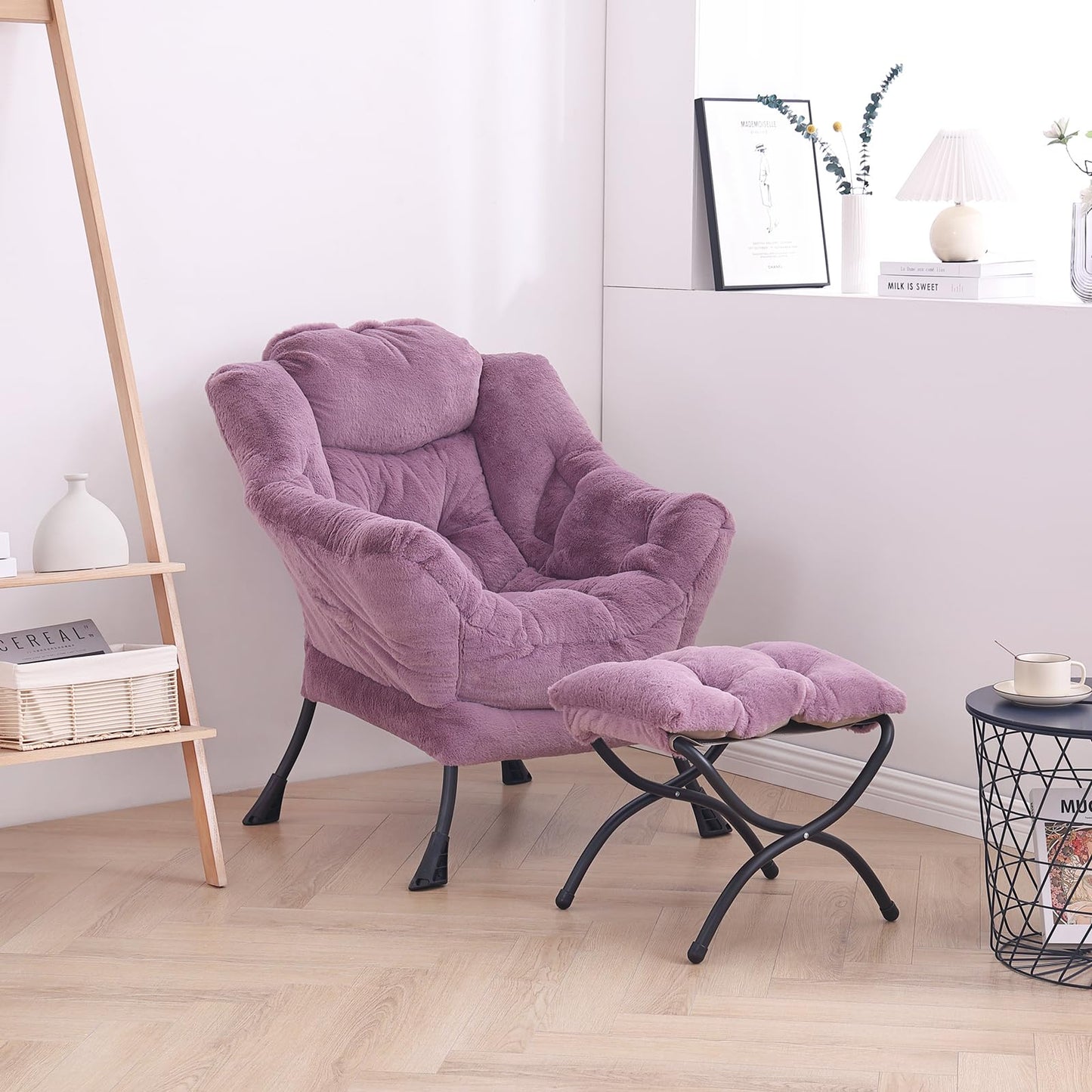 LITA Lazy Chair with Ottoman, Modern Accent Leisure Upholstered Sofa Chair, Lounge Reading Chair with Armrests and a Side Pocket for Living Room, Bedroom & Small Space