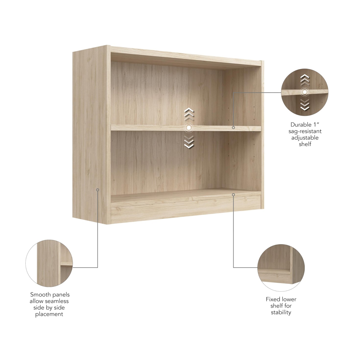 Bush Home Small 2 Shelf Bookcase, 2 Tier Bookshelf Storage Cabinet with Adjustable Shelf for Living Room, Bedroom or Home Office, Universal Collection, Natural Elm