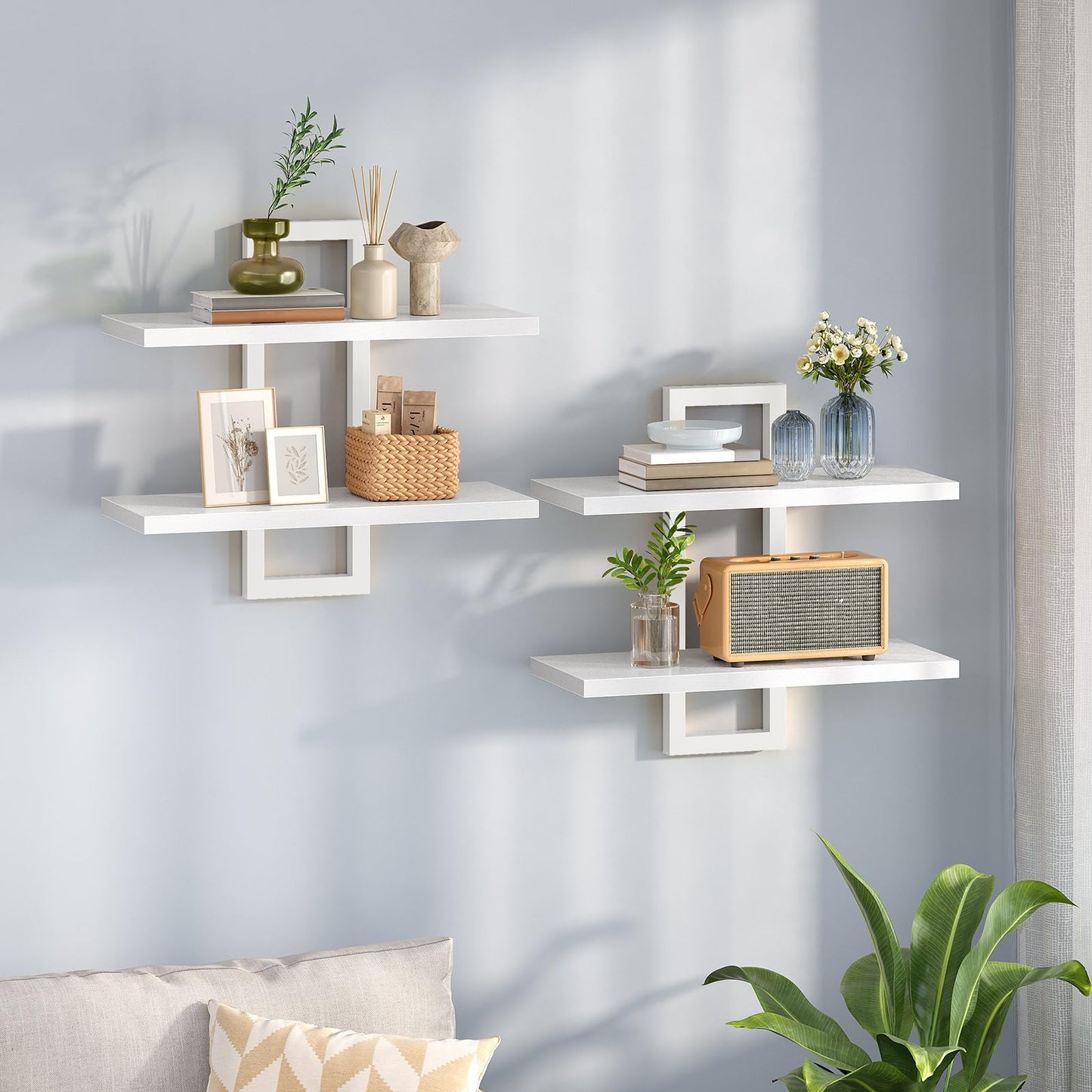 HOOBRO Floating Shelves, 15 Inch Wall Shelf Set of 2, Wall Mounted Storage Shelves 2-Tier, Hanging Bathroom Shelves, for Living Room, Bedroom, Bathroom, Kitchen, White WW32BJ01