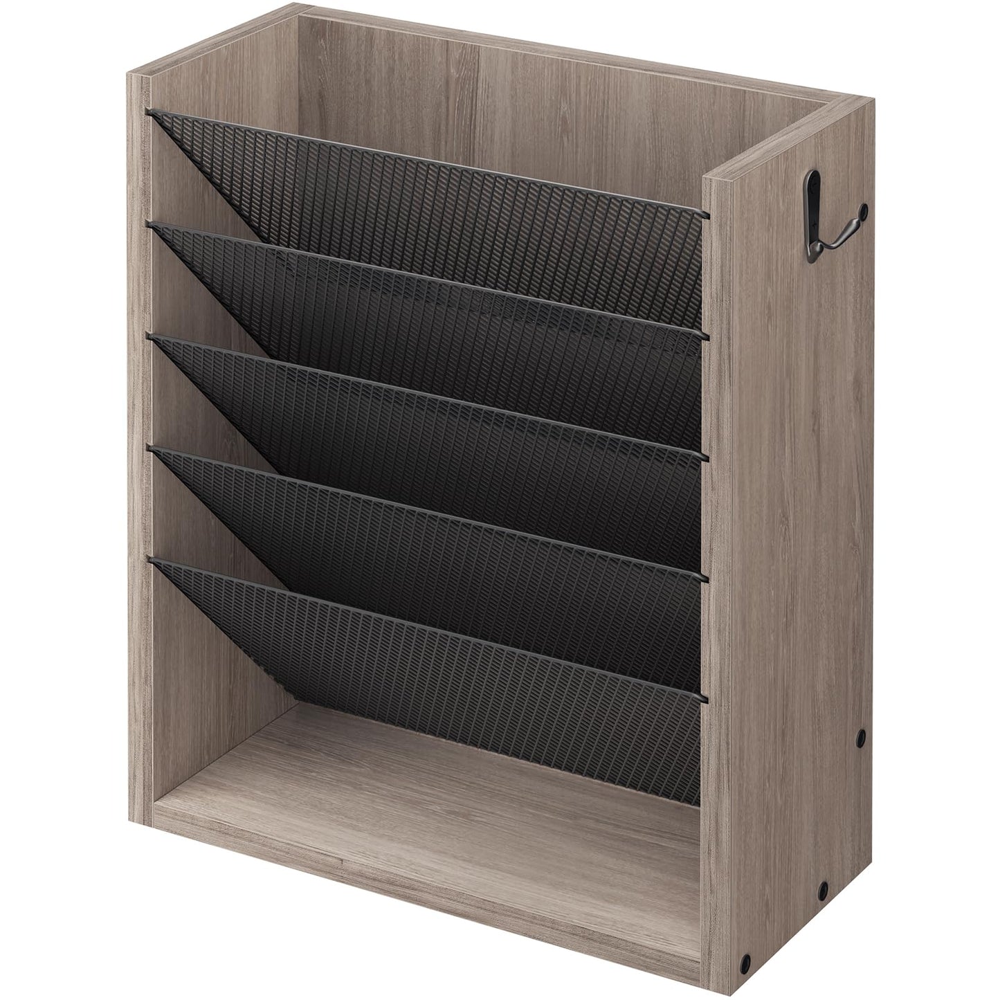Creso hom Mail Organizer Wall Mounted, 6-Tier Wall File Organizer with 2 Hooks, Wooden Desk Organizer Magazine Holder with Bottom Flat Tray, for Office Home, Greige