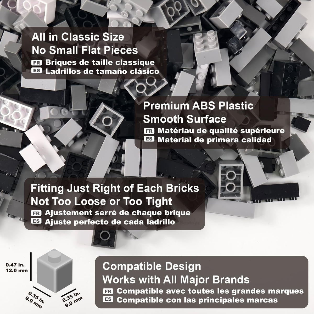 Building Bricks 1000 Pieces in Black, Dark Grey, Light Grey & White, Classic General Building Blocks Toys for Boys & Girls, Bulk Basic Brick Tiles for Adult's Building Projects