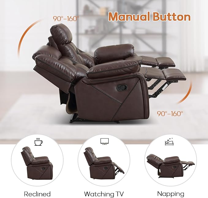 EBELLO Manual Recliner Sofa Set, Faux Leather Reclining Living Room Furniture
