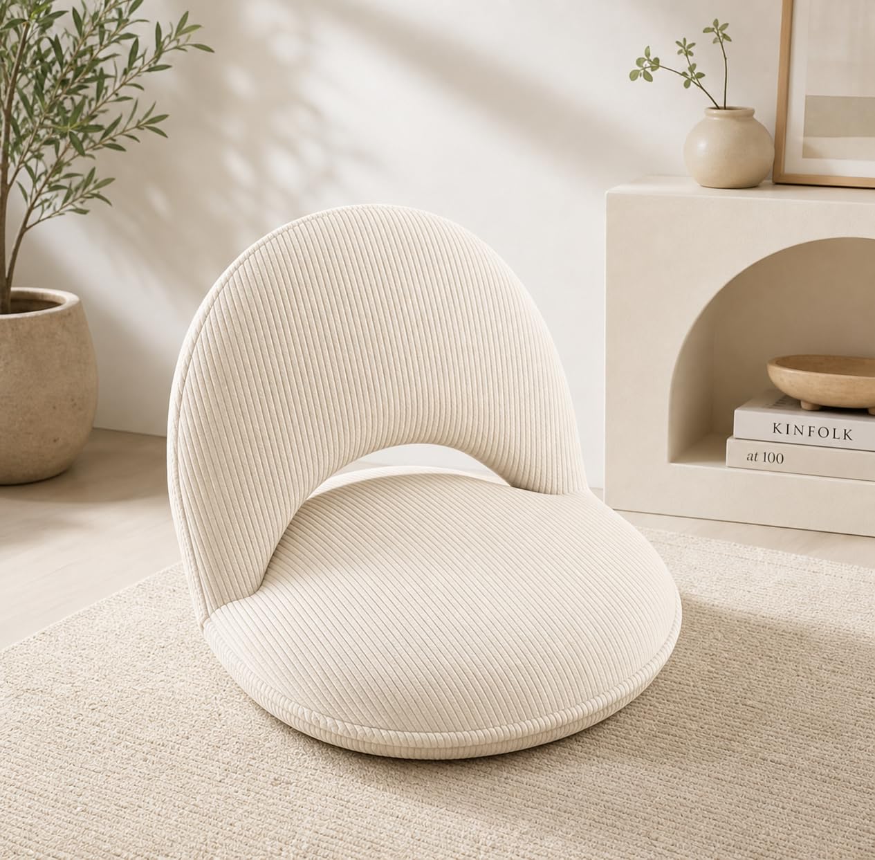 Floor Chair with Back Support, Foldable Lazy Sofa Chair for Adults, Adjustable Corduroy Gaming Reading Chair, Ergonomic Seat Cushion for Bedroom Bay Window Tatami Living Room, Beige